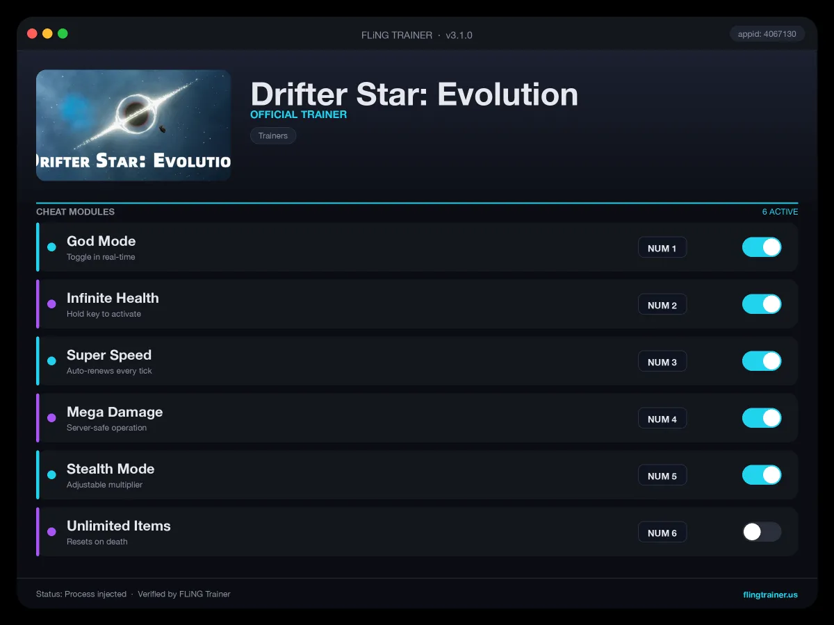 Drifter Star: Evolution Trainer interface