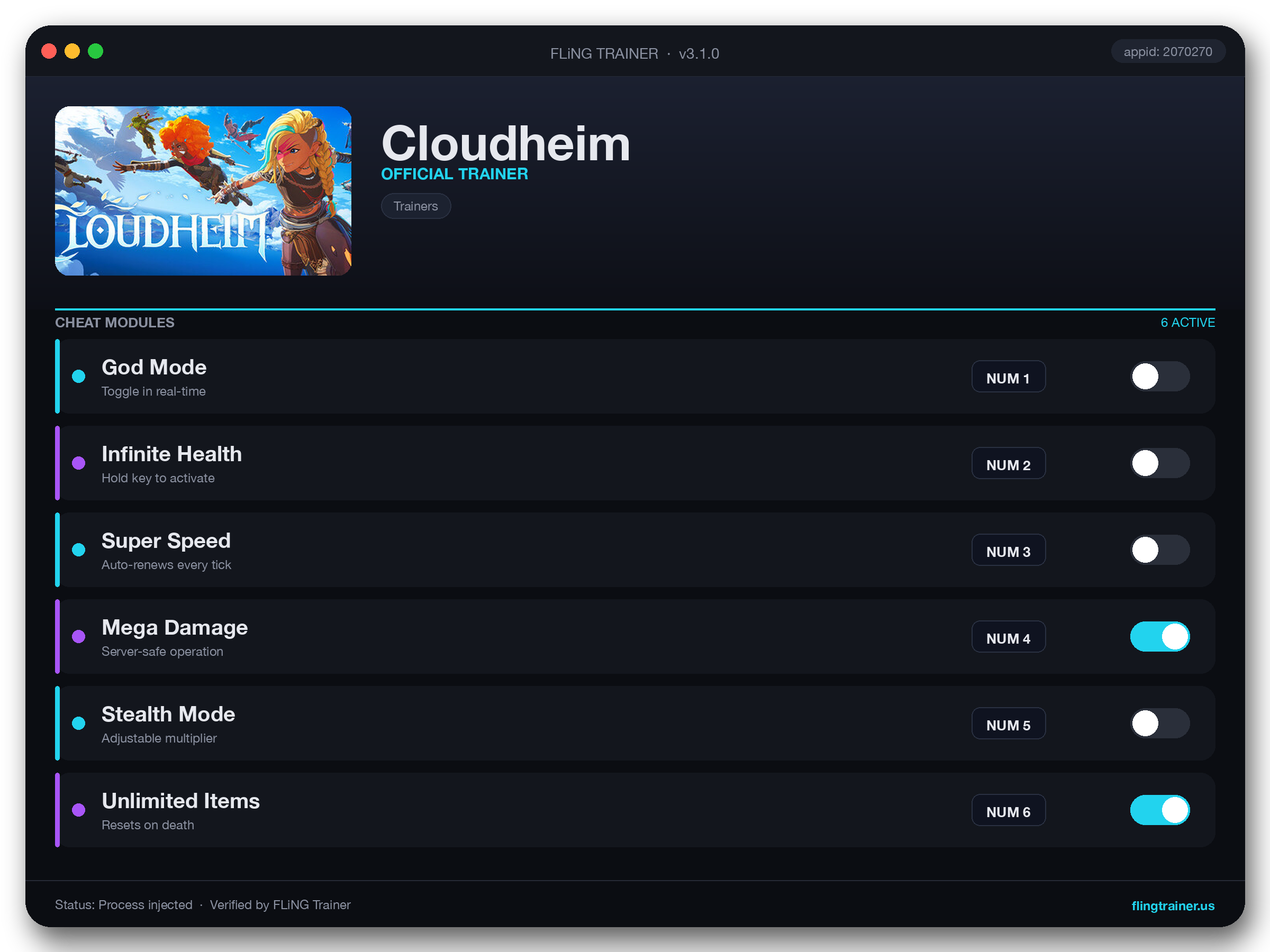 Cloudheim Trainer interface