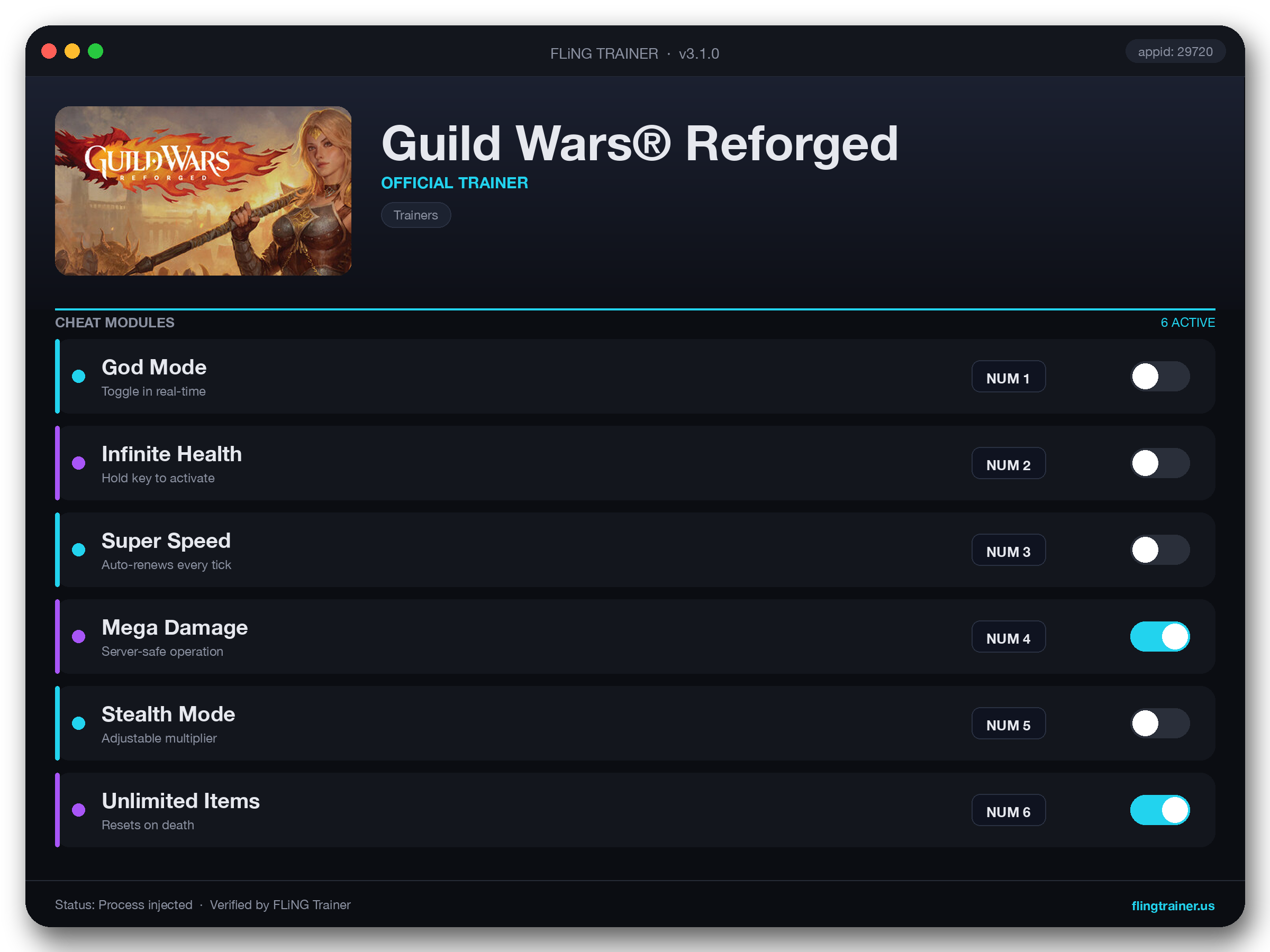 Guild Wars® Reforged Trainer interface