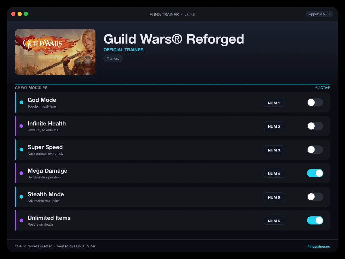 Guild Wars® Reforged Trainer interface