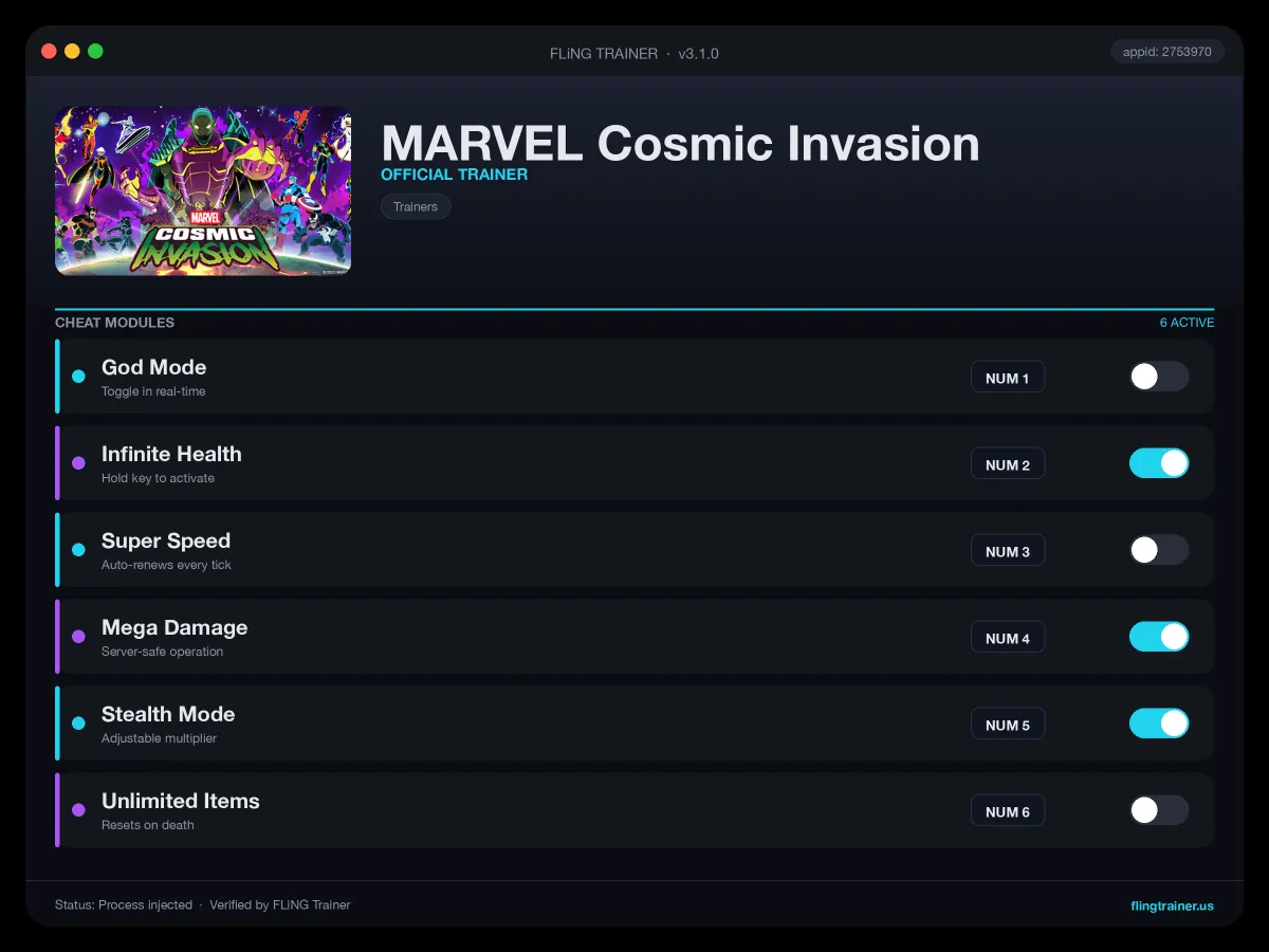 MARVEL Cosmic Invasion Trainer interface