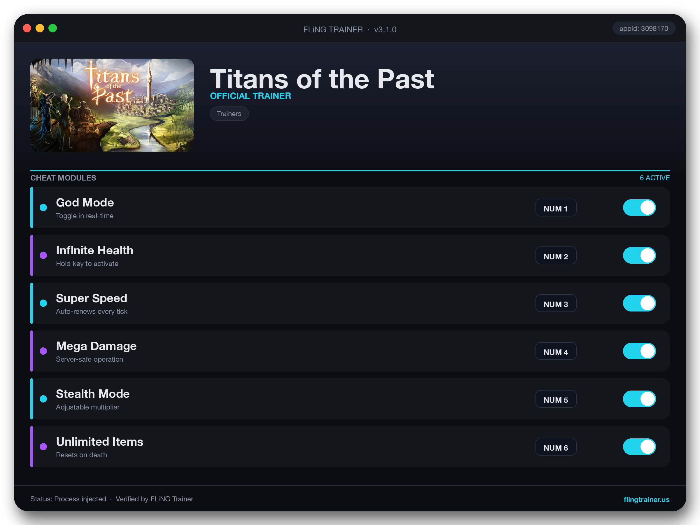 Titans of the Past Trainer interface