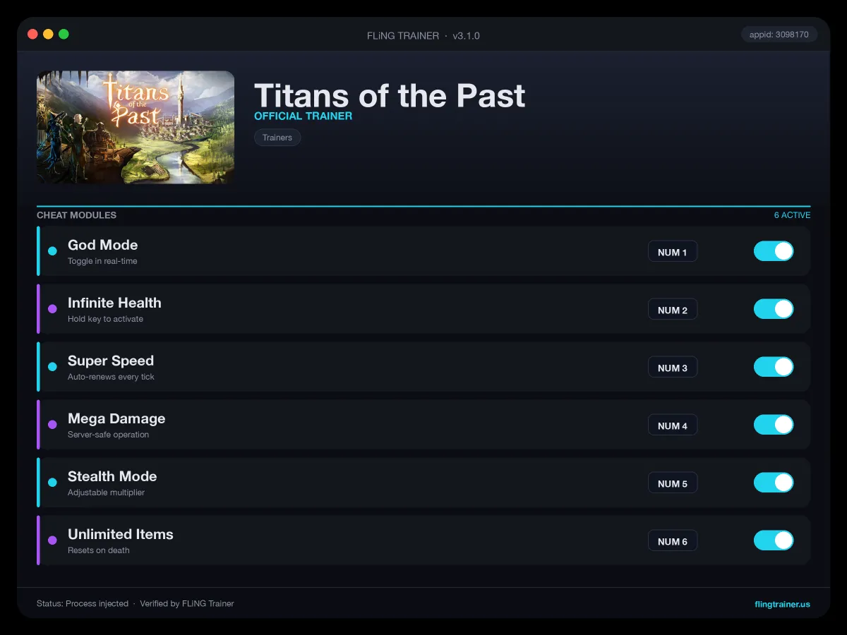 Titans of the Past Trainer interface