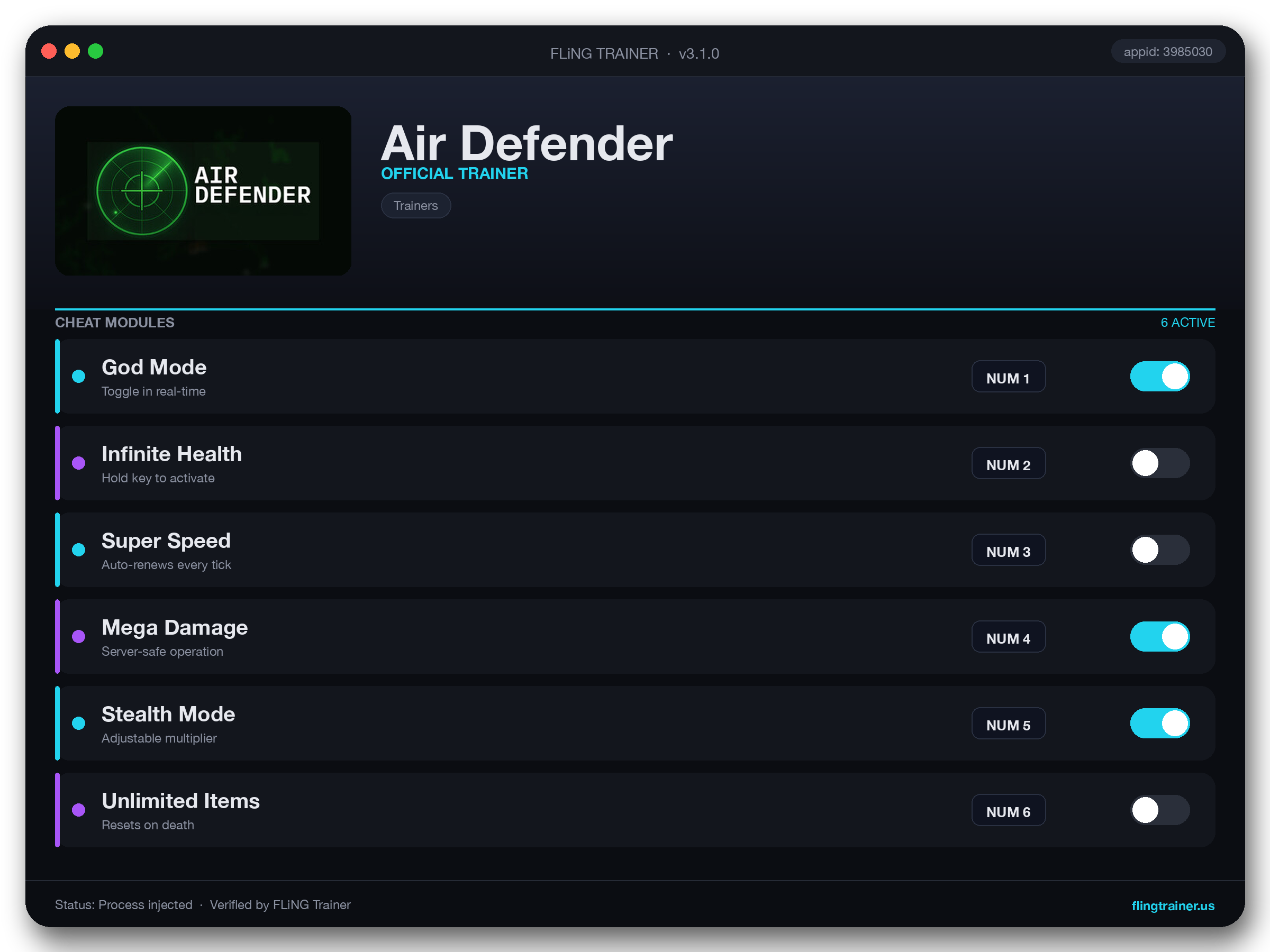 Air Defender Trainer interface