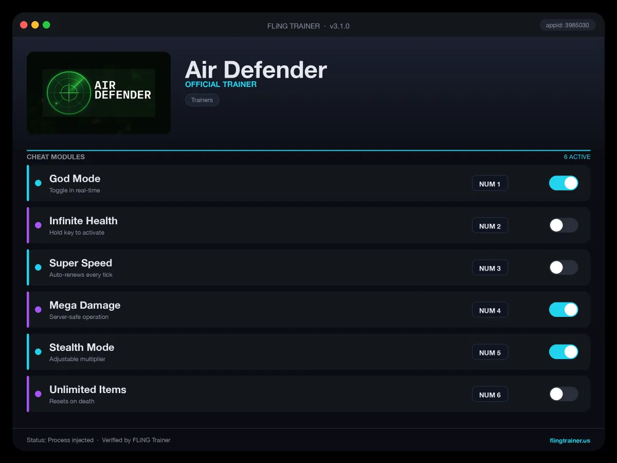 Air Defender Trainer interface