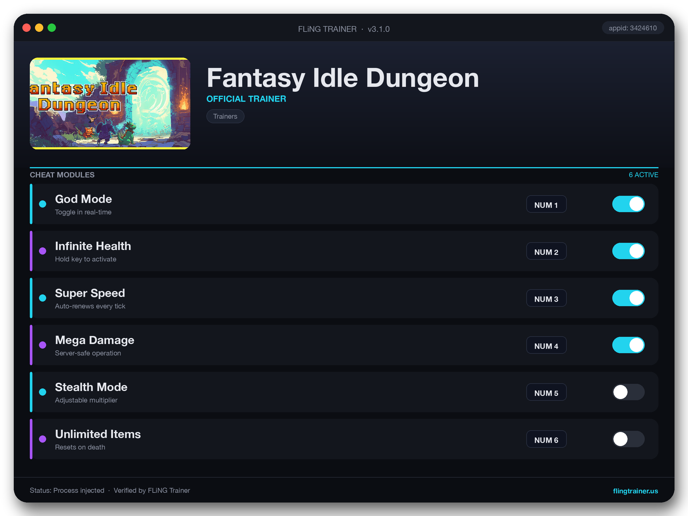 Fantasy Idle Dungeon Trainer interface