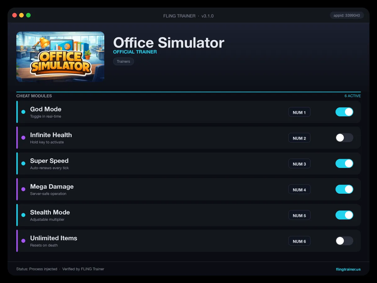Office Simulator Trainer interface