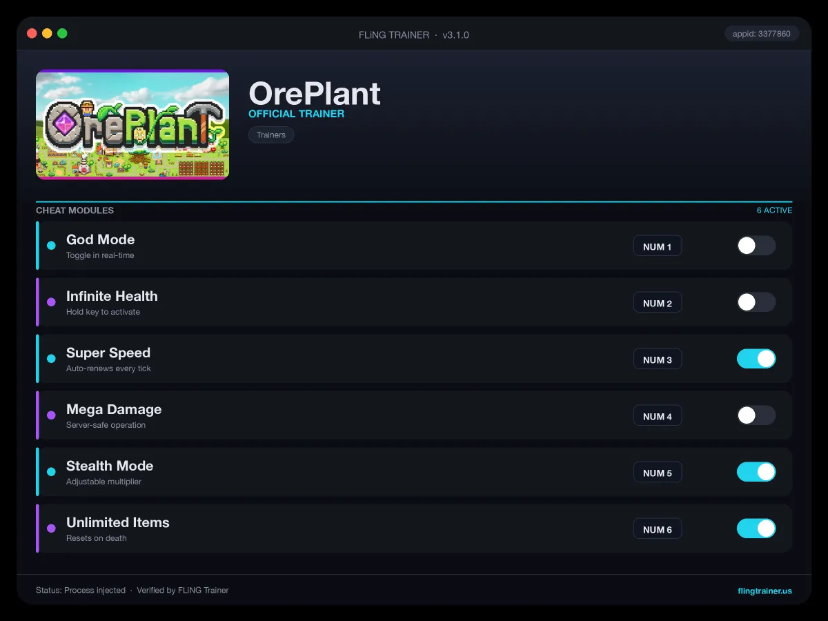 OrePlant Trainer interface