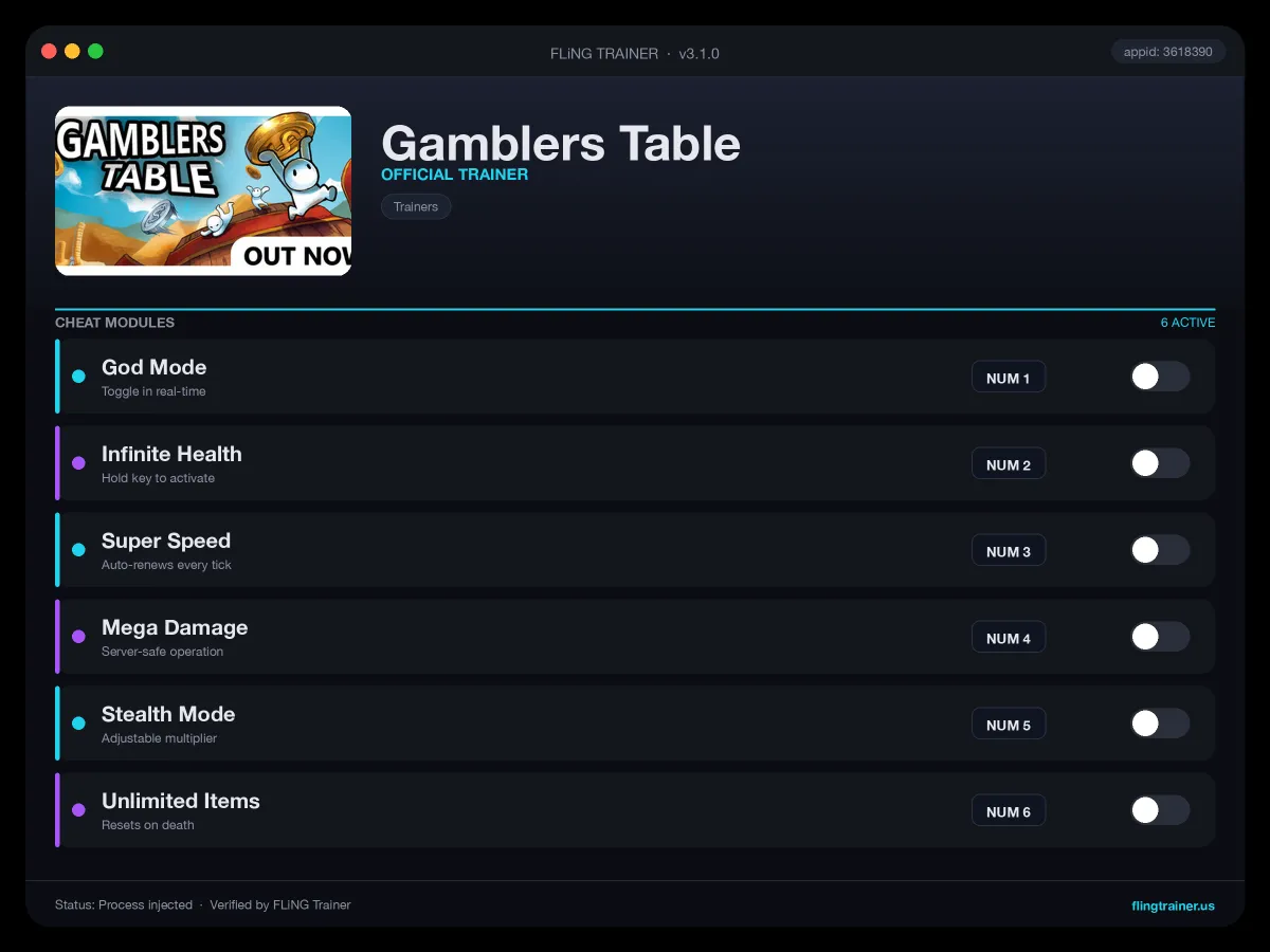 Gamblers Table Trainer interface