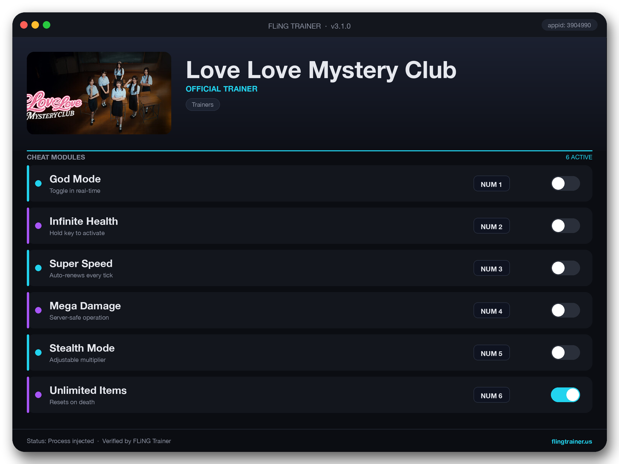 Love Love Mystery Club Trainer interface