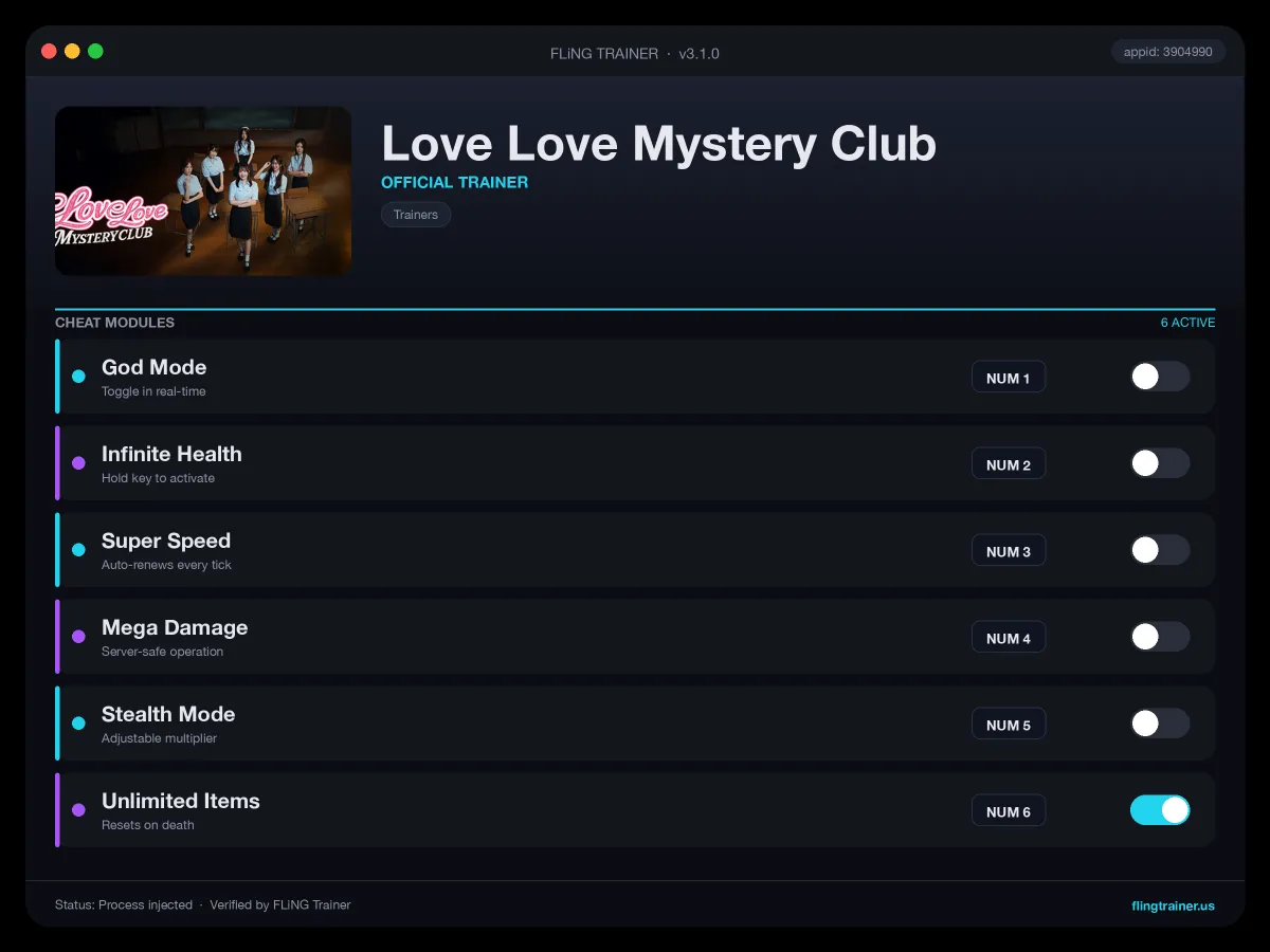 Love Love Mystery Club Trainer interface