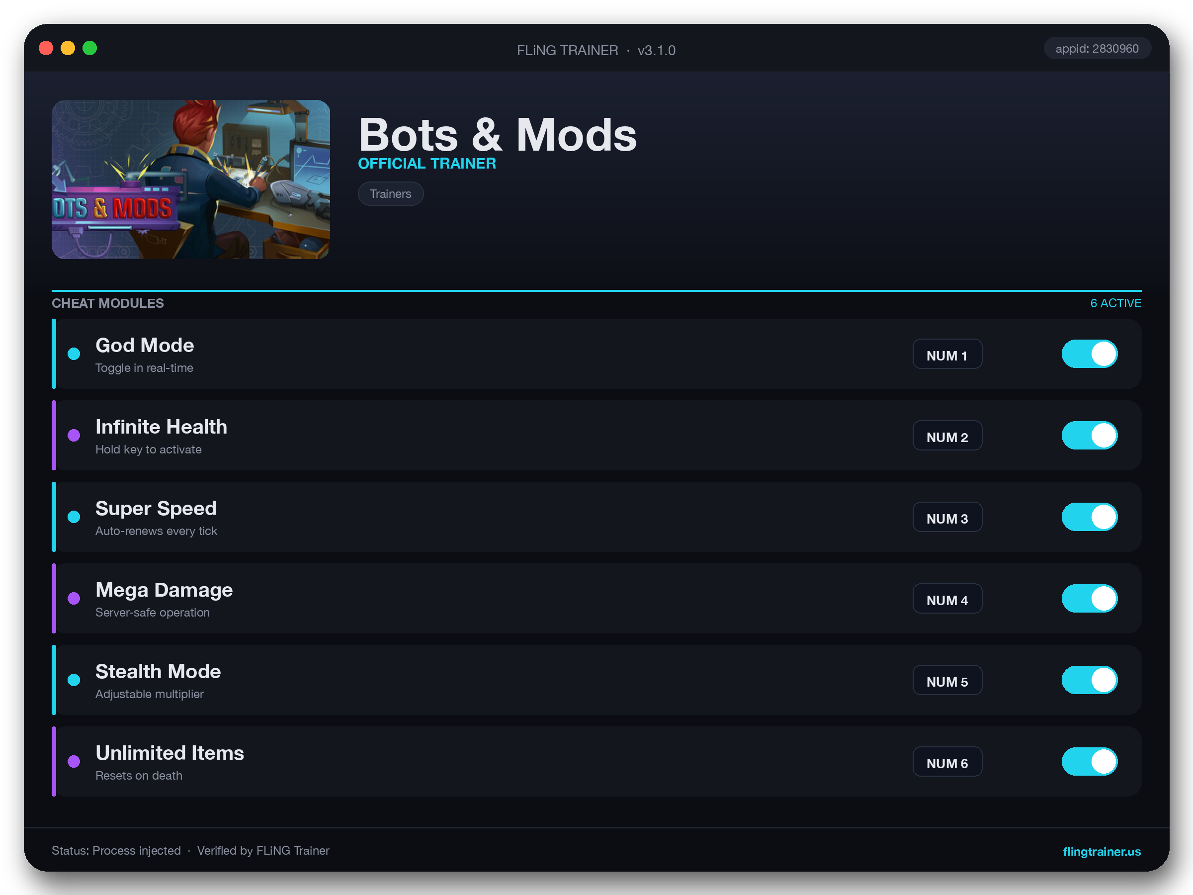 Bots & Mods Trainer interface
