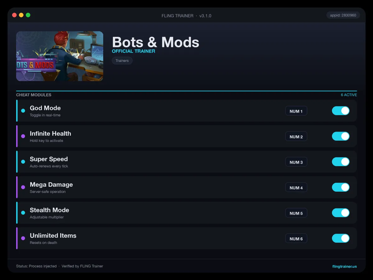 Bots & Mods Trainer interface