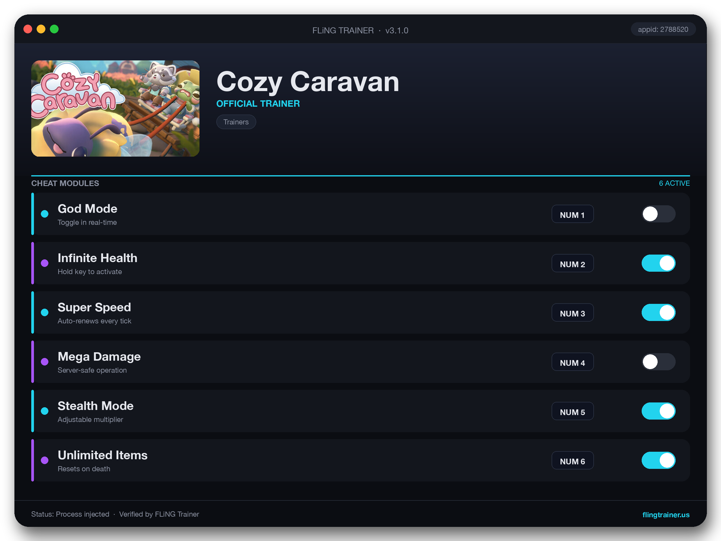 Cozy Caravan Trainer interface