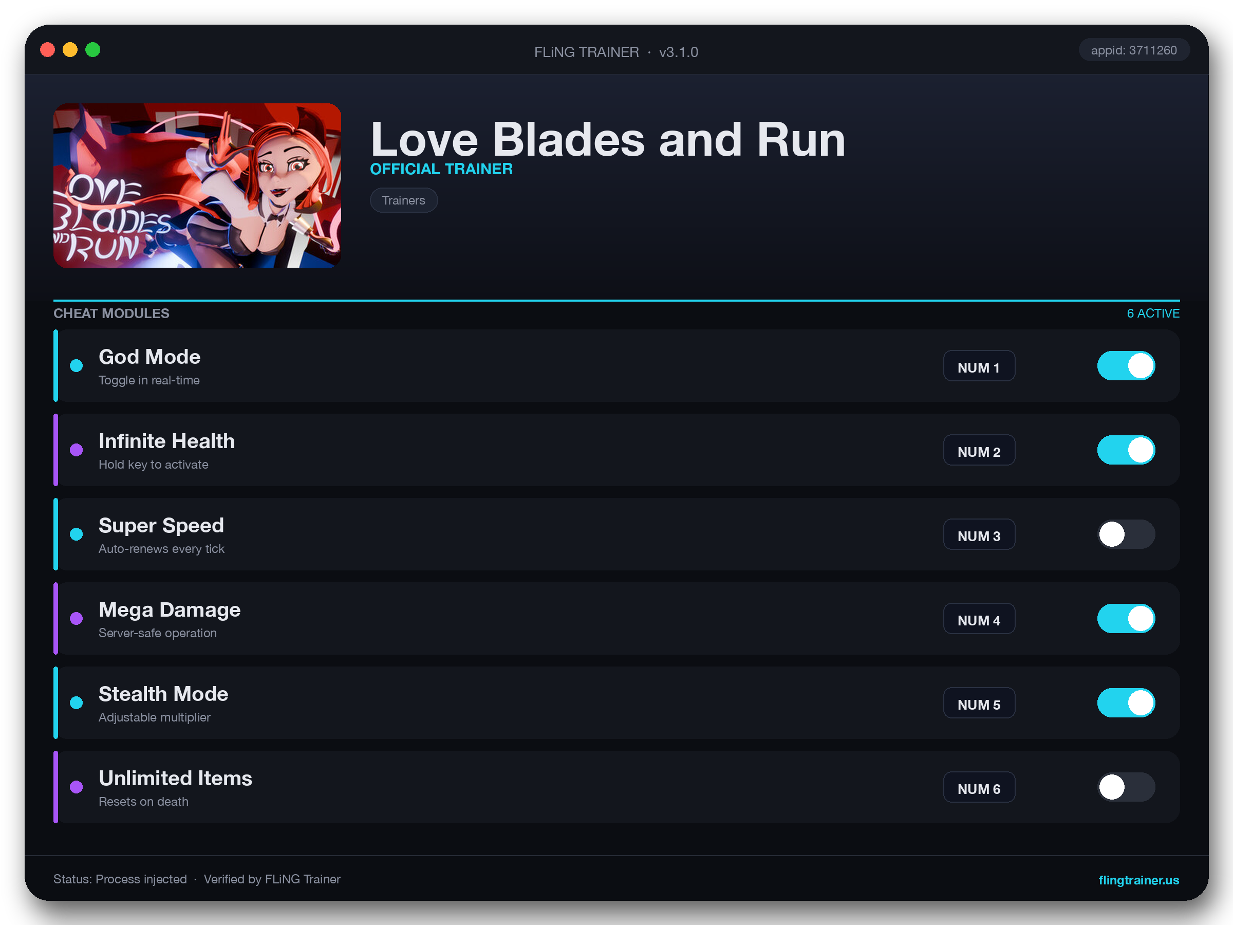 Love Blades and Run Trainer interface