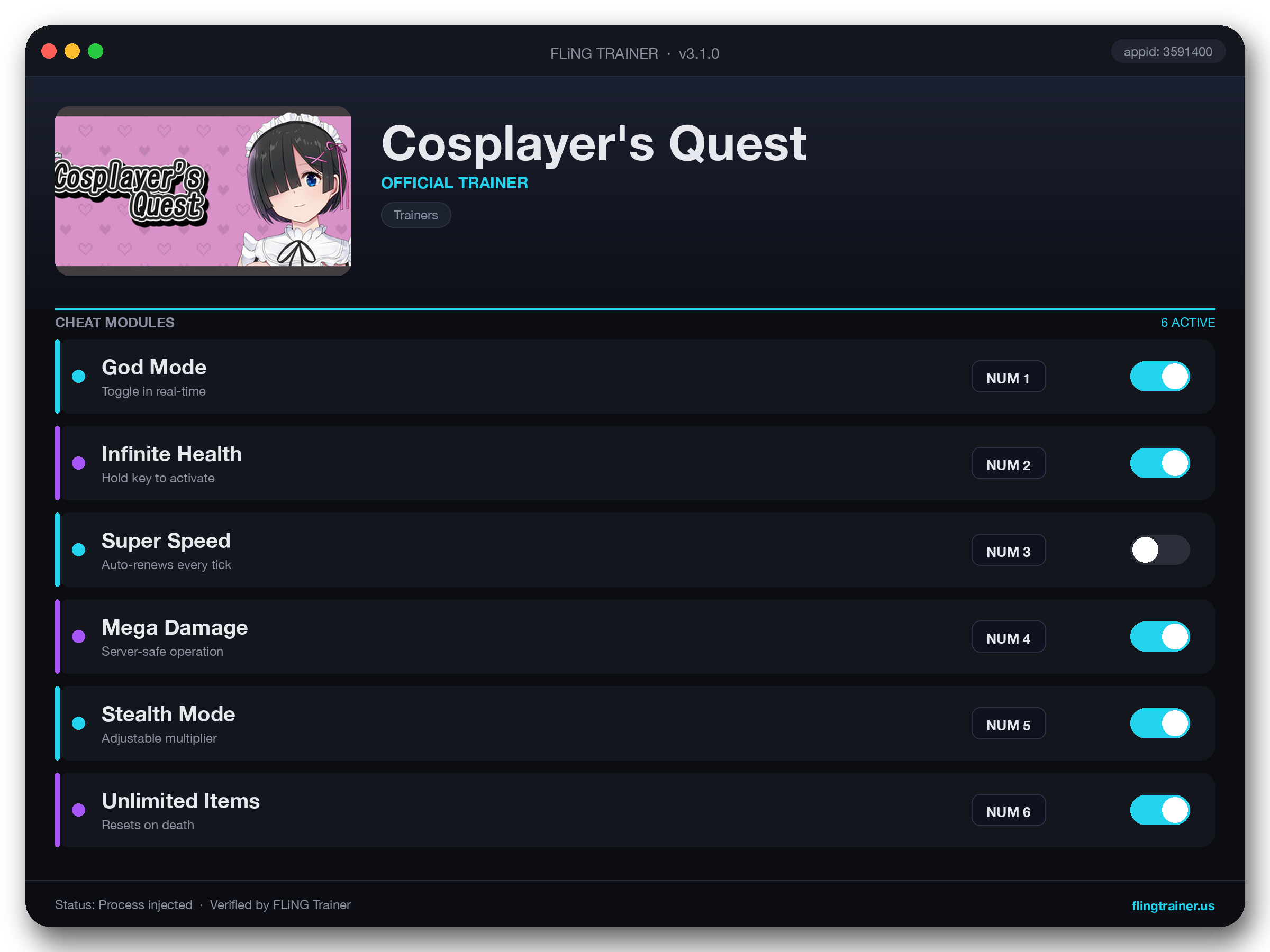 Cosplayer's Quest Trainer interface
