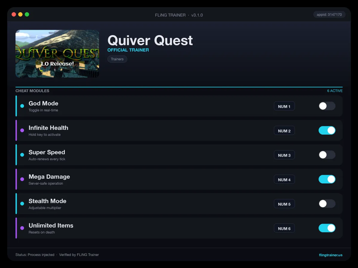 Quiver Quest Trainer interface