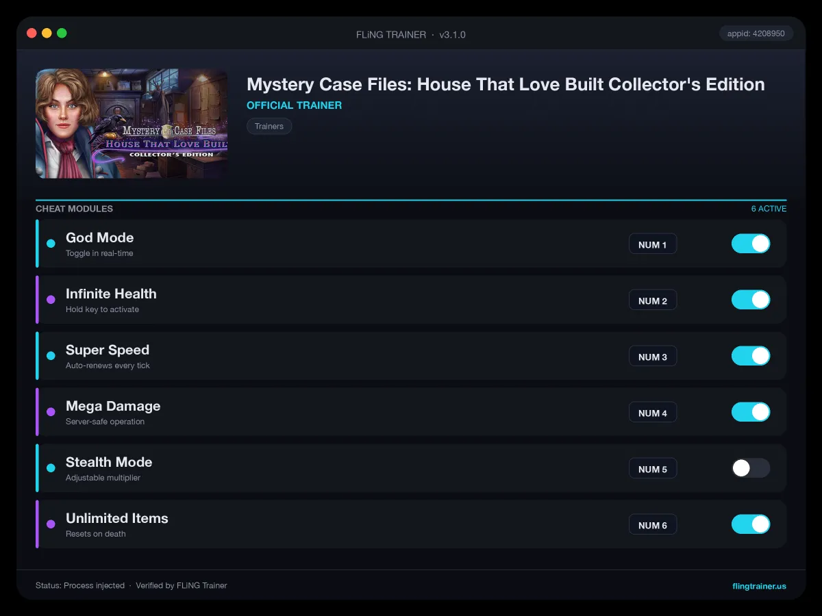 Mystery Case Files: House That Love Built Collector's Edition Trainer interface