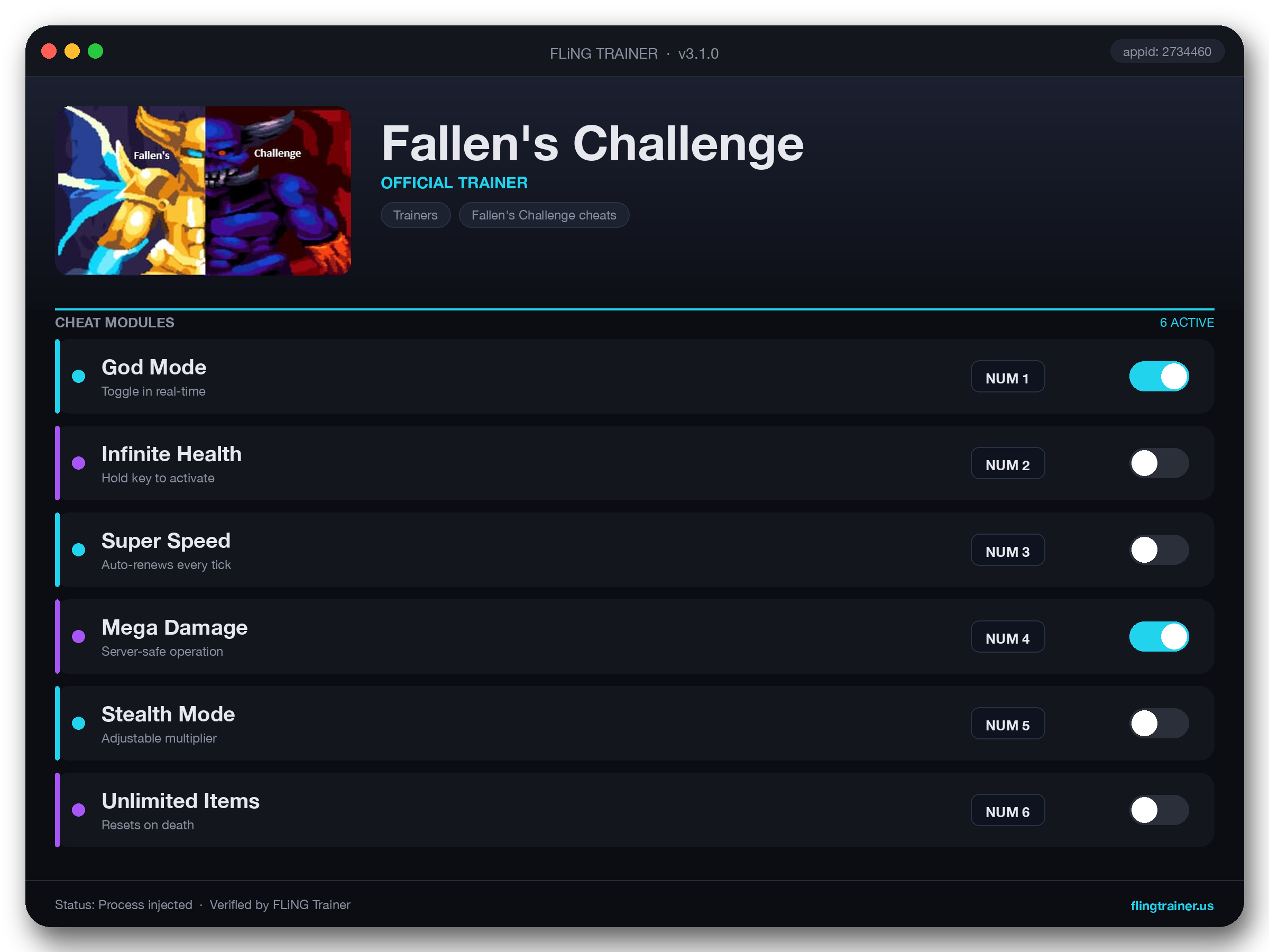Fallen's Challenge Trainer interface
