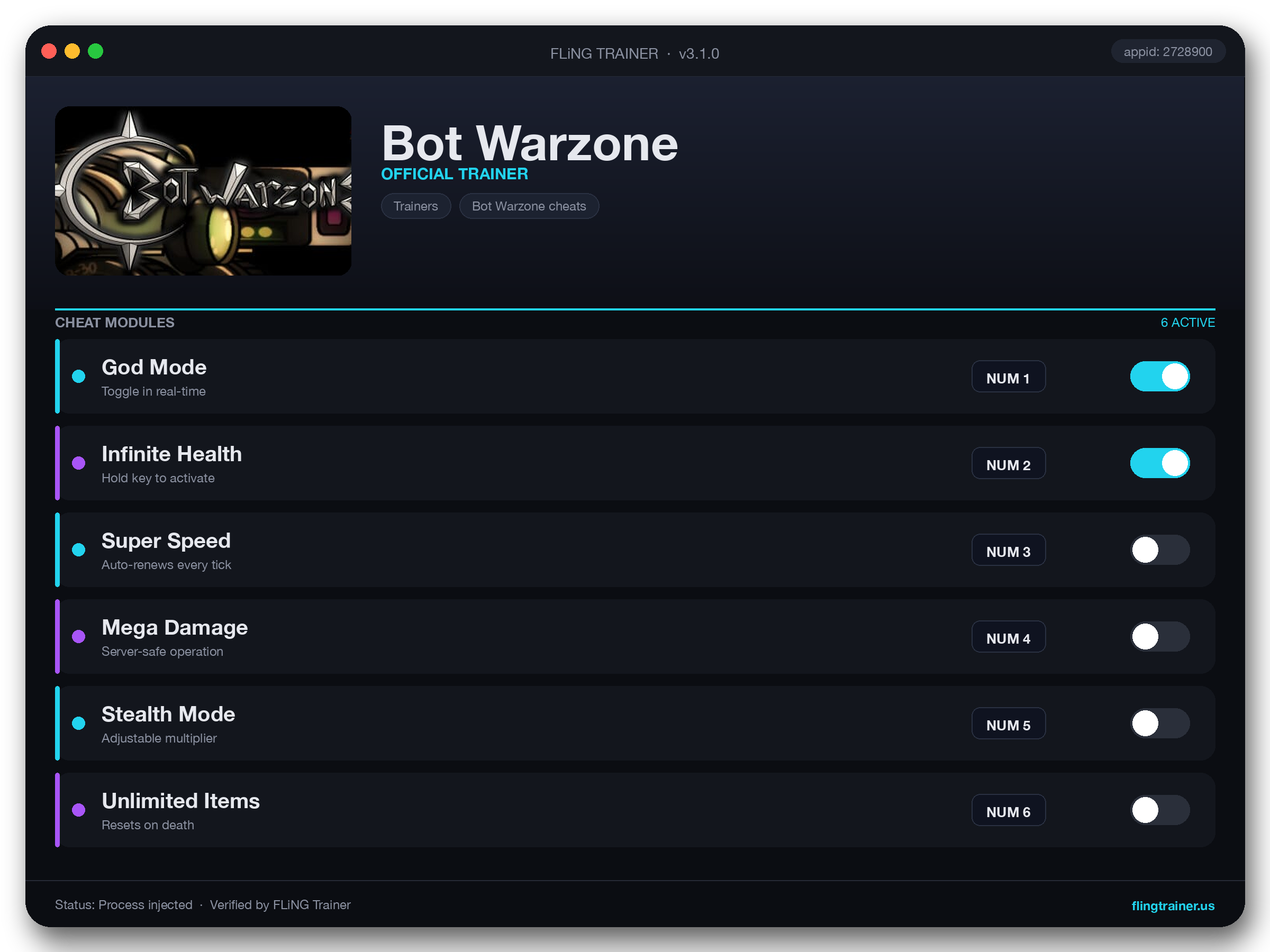 Bot Warzone Trainer interface