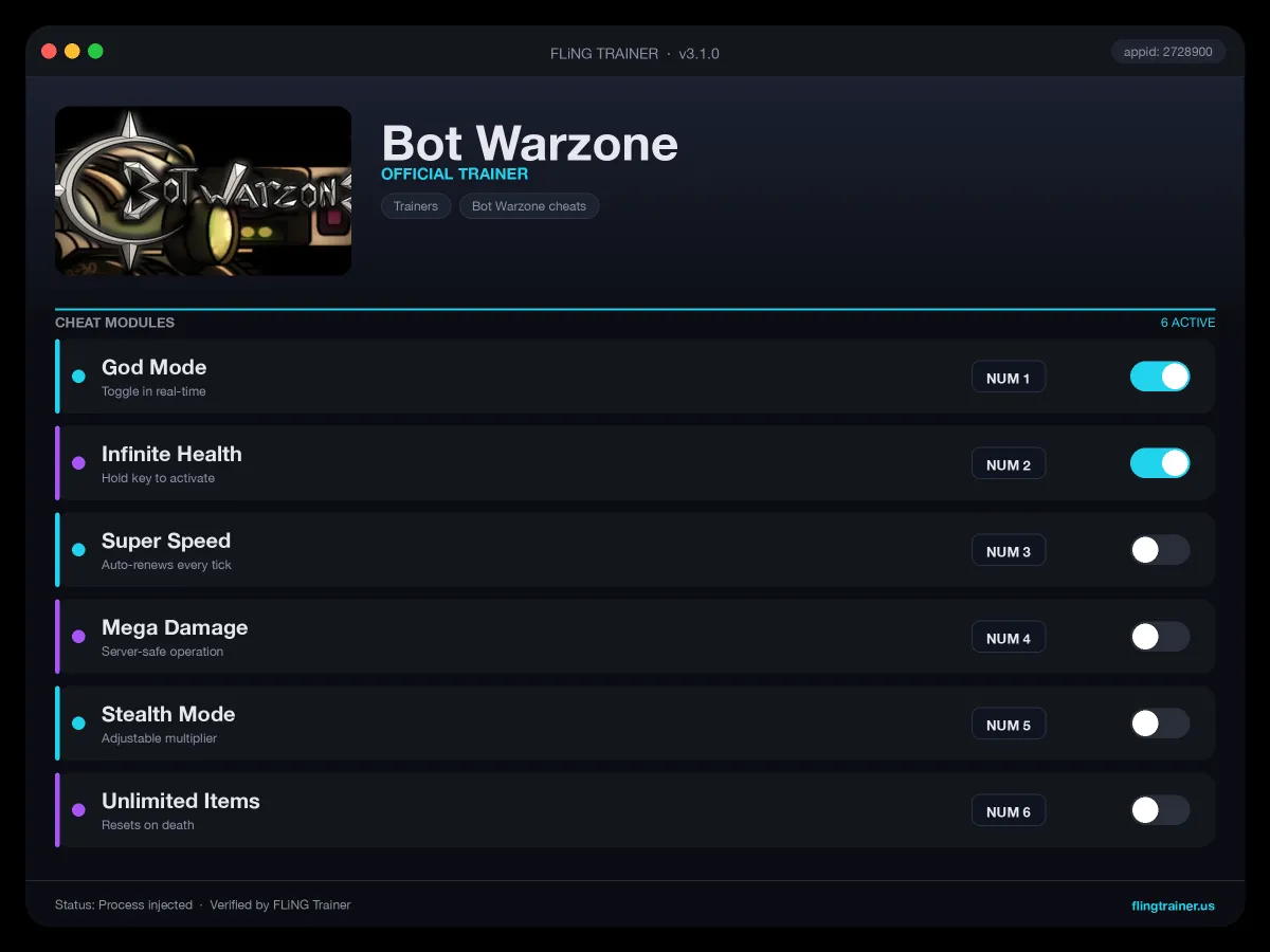 Bot Warzone Trainer interface