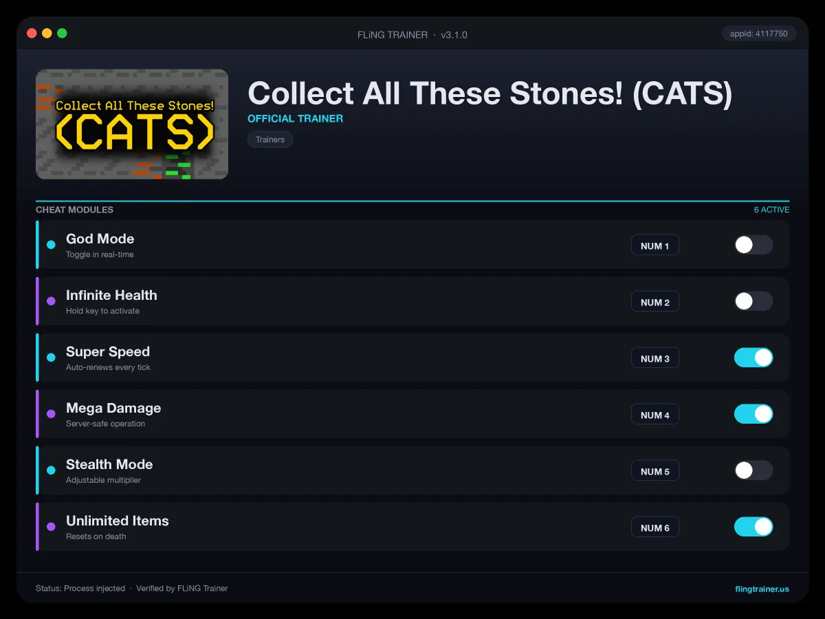 Collect All These Stones! (CATS) Trainer interface