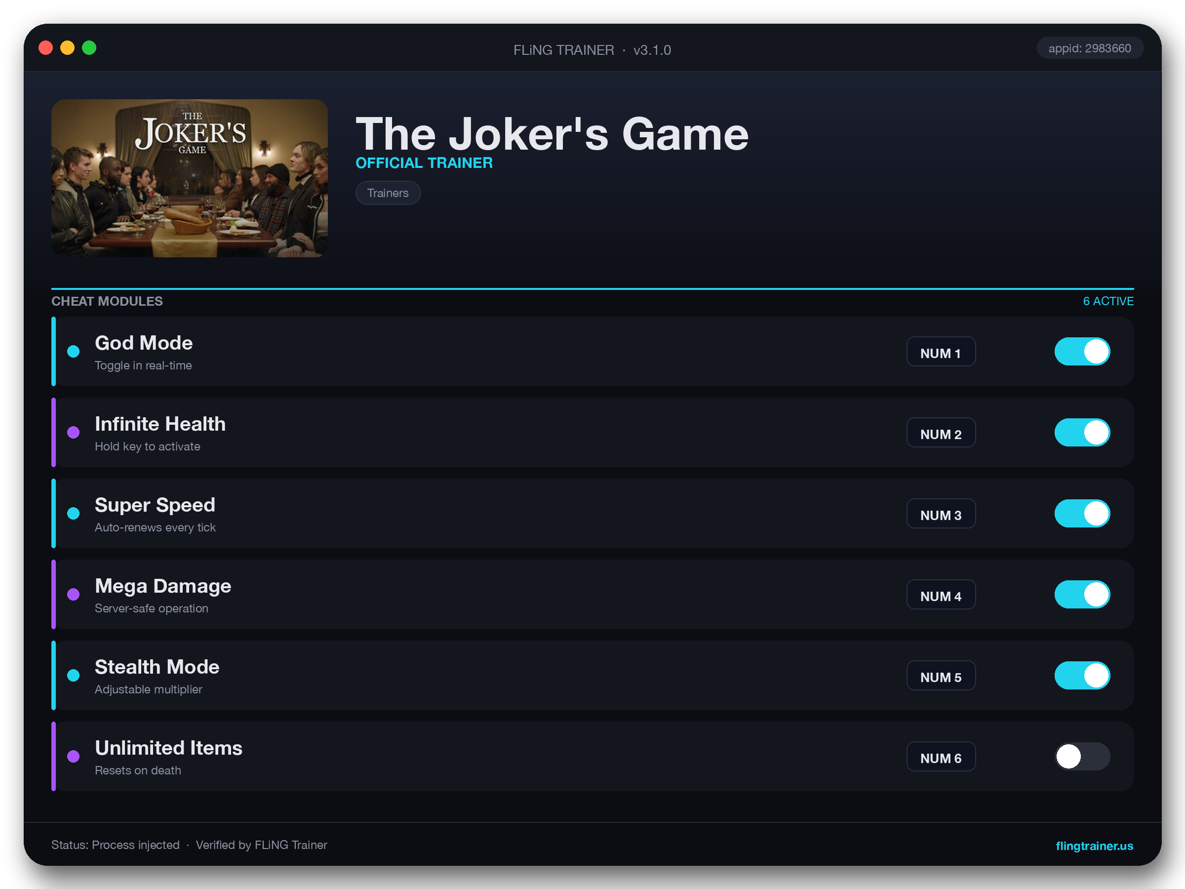 The Joker's Game Trainer interface