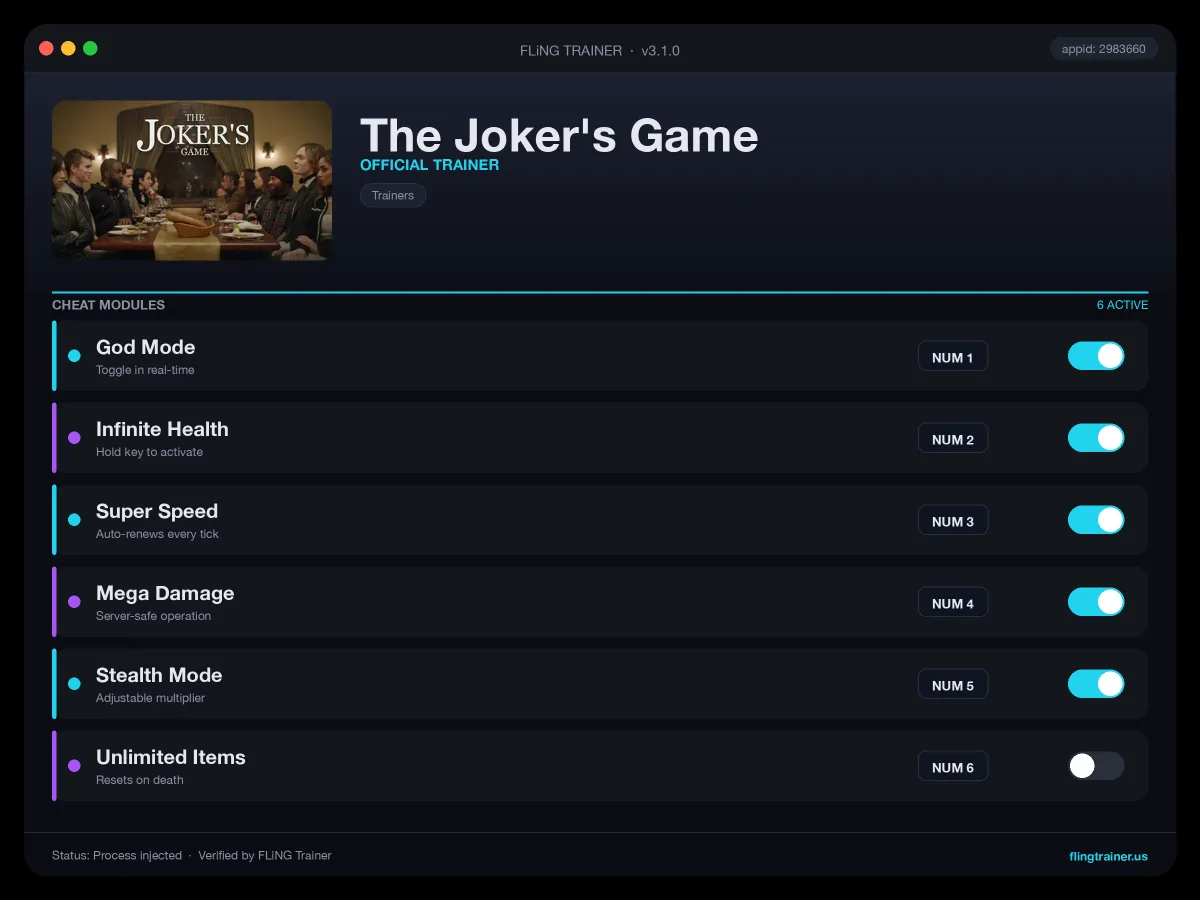 The Joker's Game Trainer interface