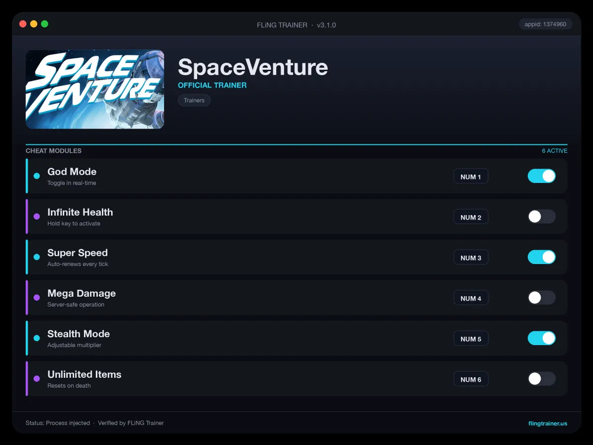 SpaceVenture Trainer interface