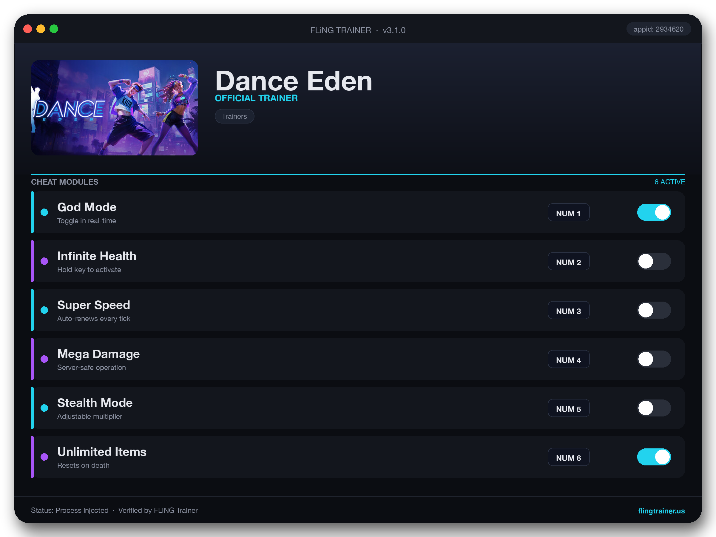 Dance Eden Trainer interface