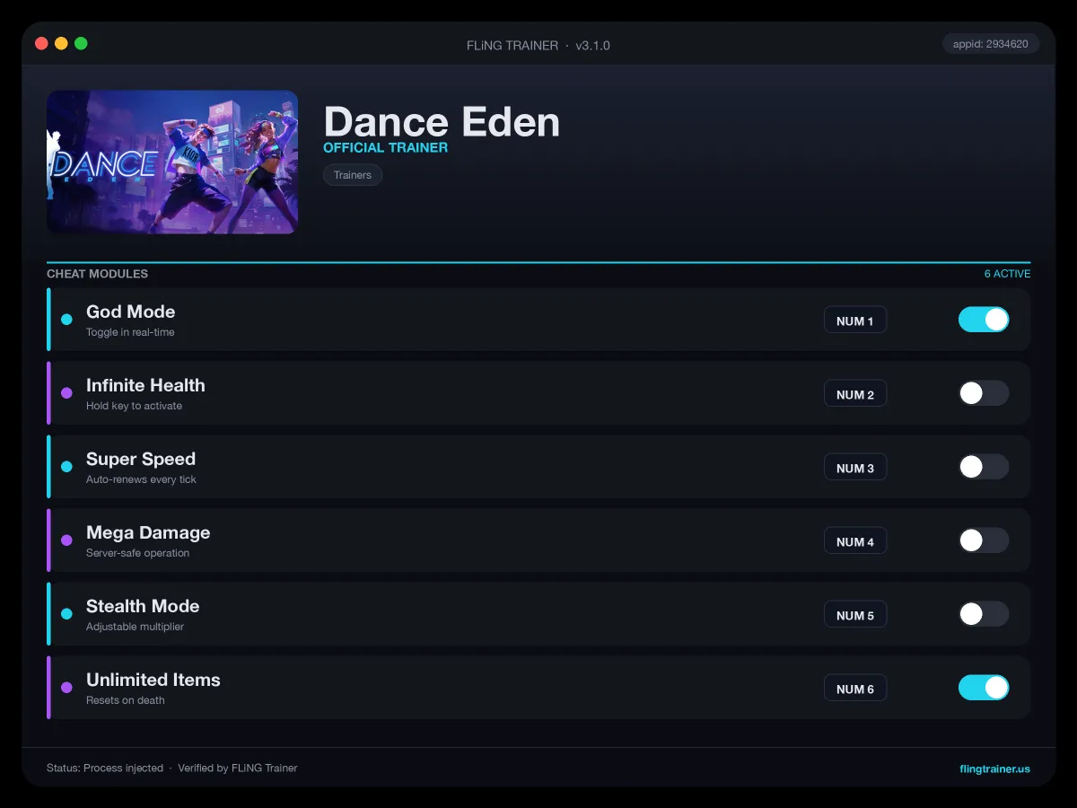 Dance Eden Trainer interface
