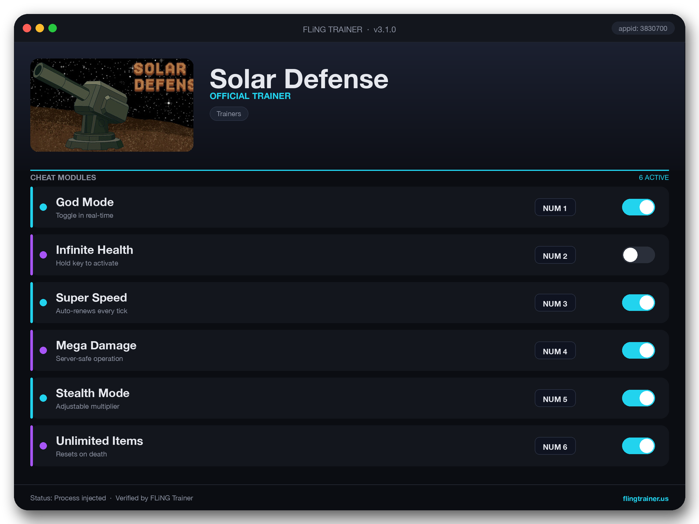 Solar Defense Trainer interface