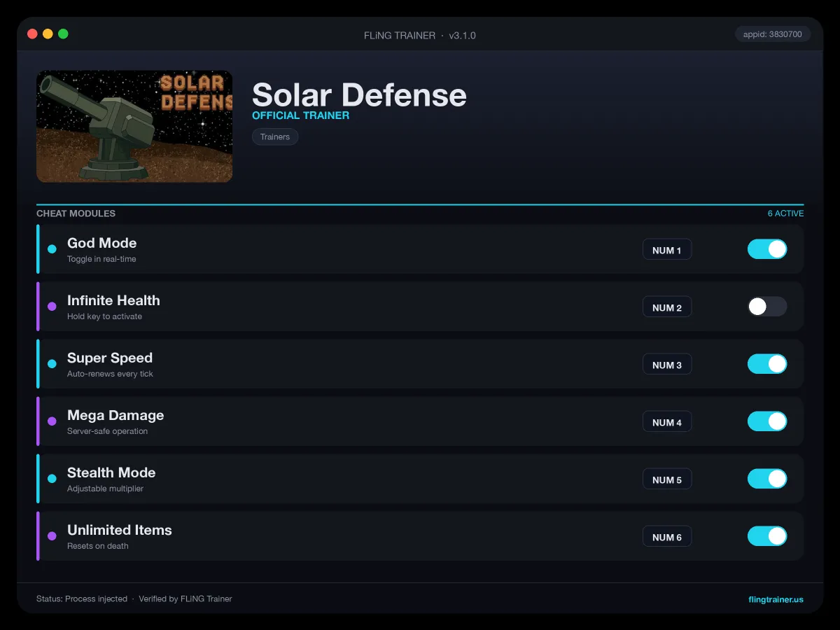 Solar Defense Trainer interface