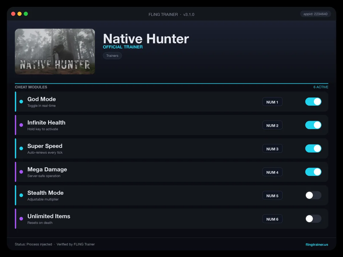 Native Hunter Trainer interface