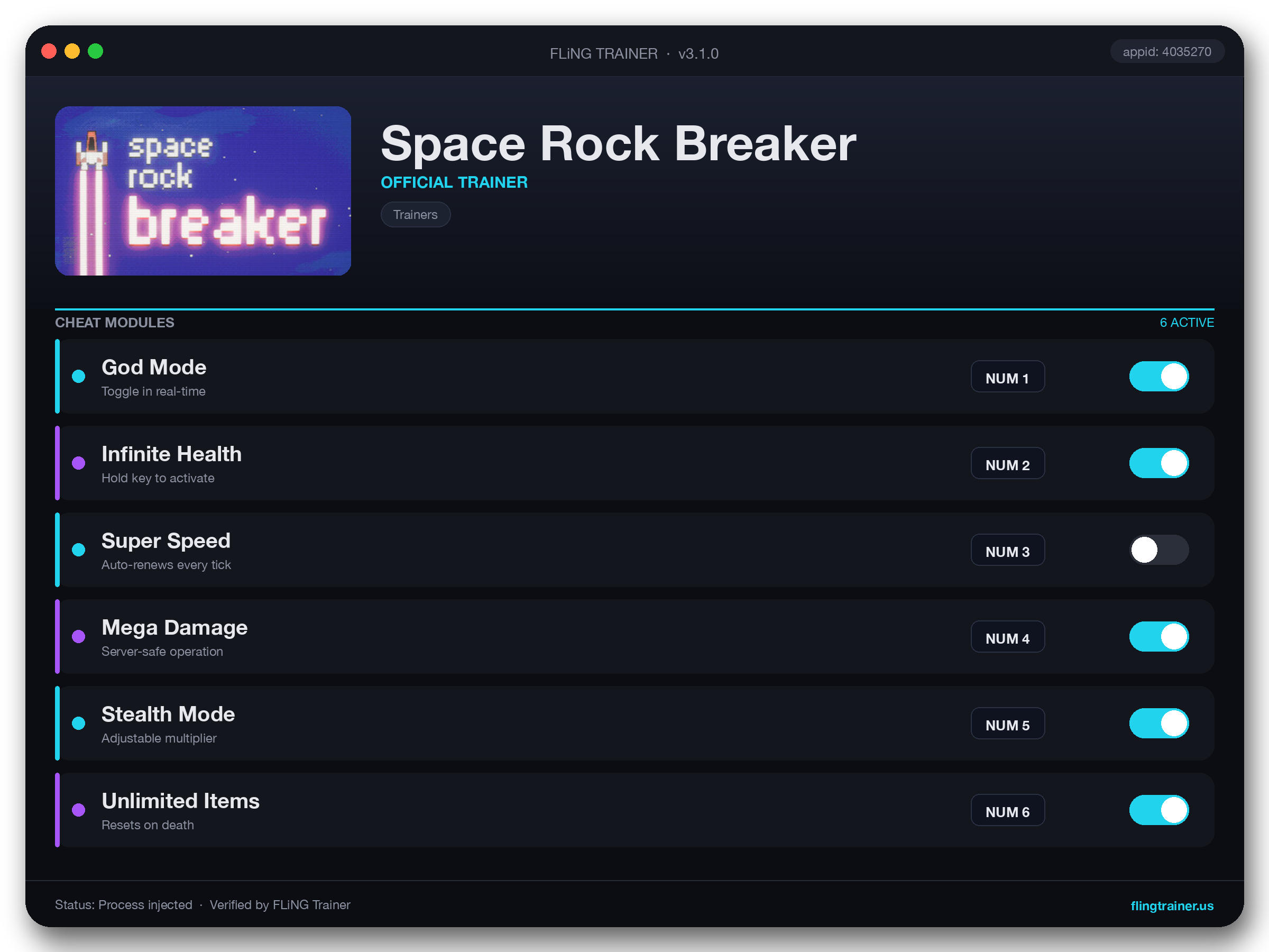 Space Rock Breaker Trainer interface