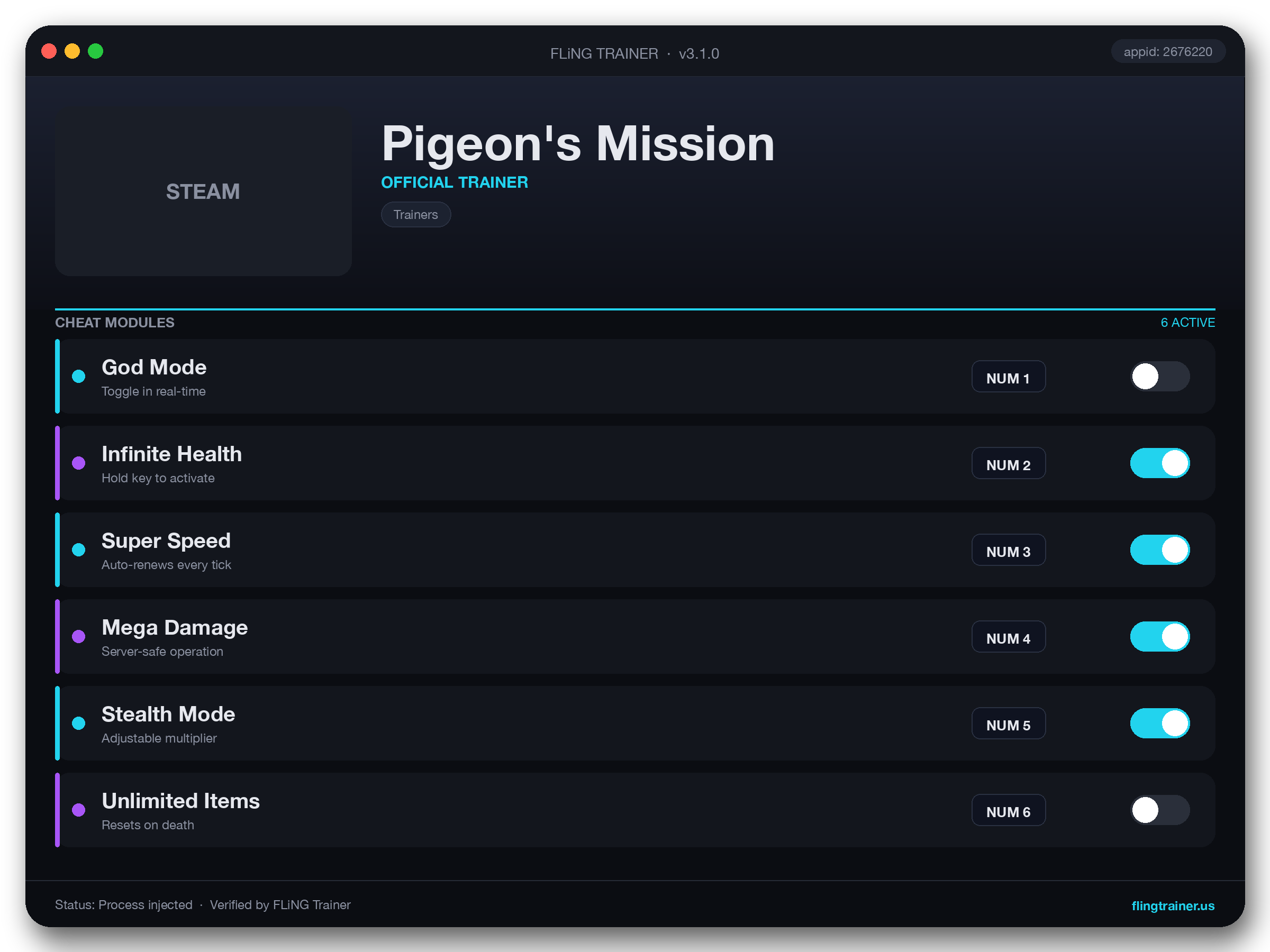 Pigeon's Mission Trainer interface