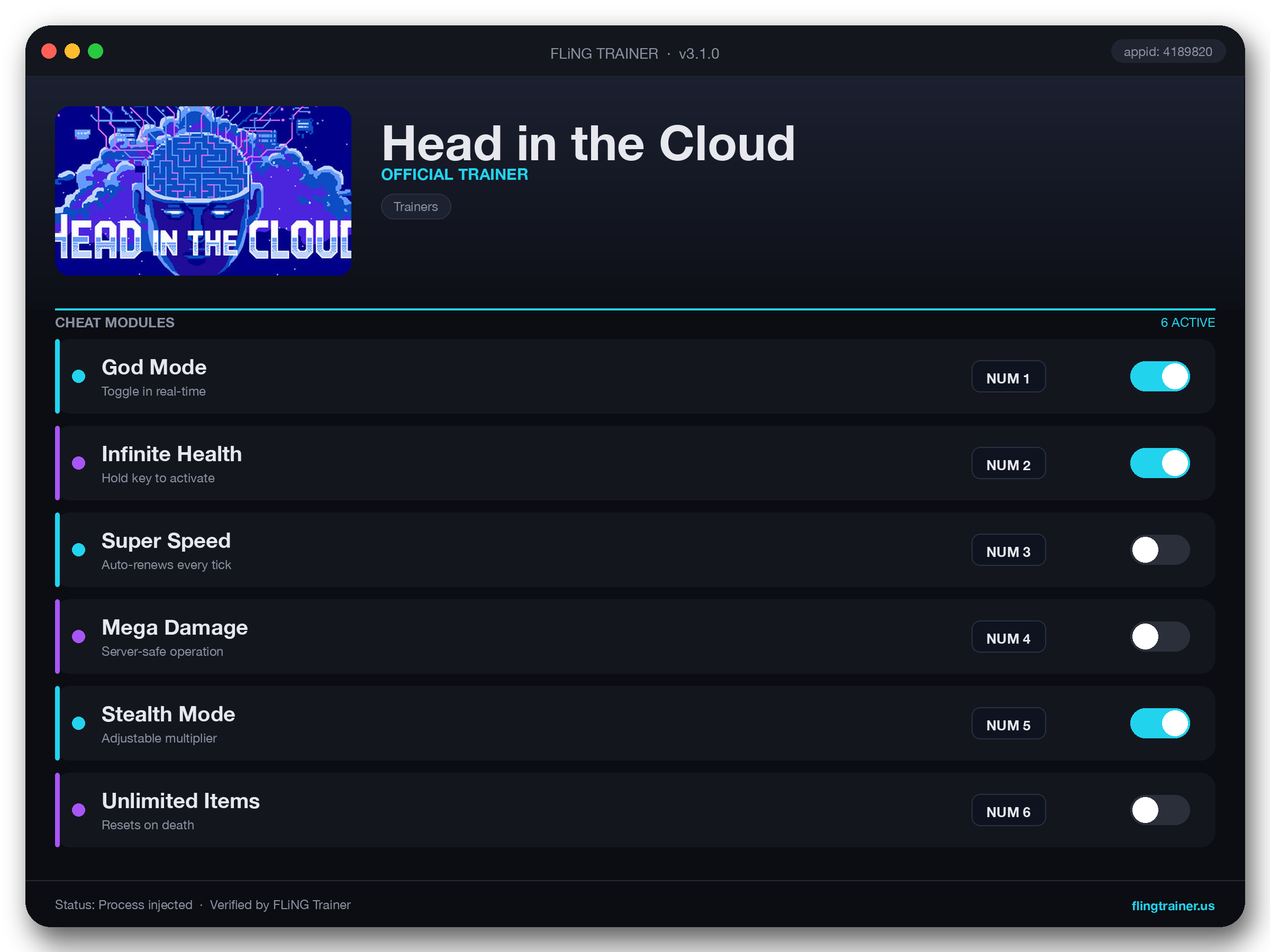Head in the Cloud Trainer interface