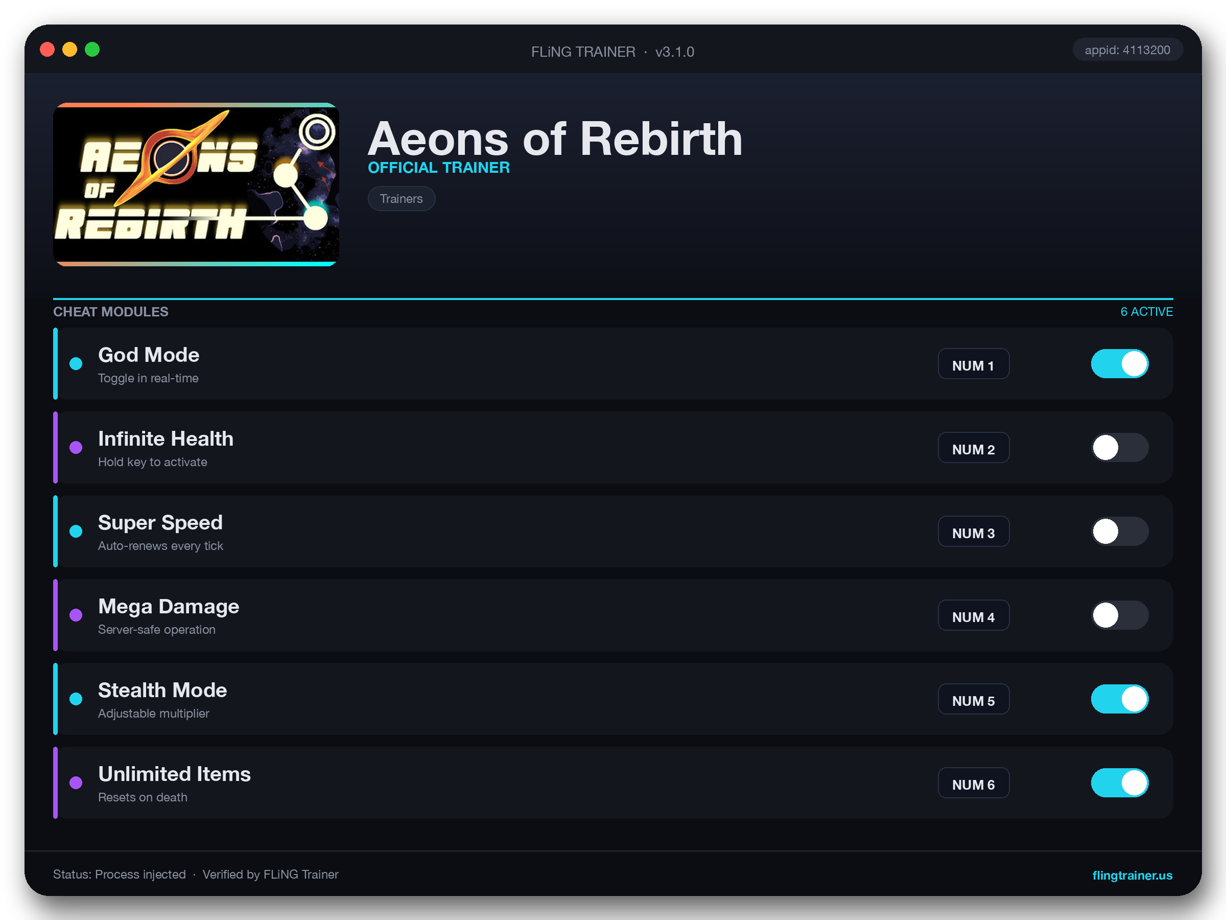 Aeons of Rebirth Trainer interface