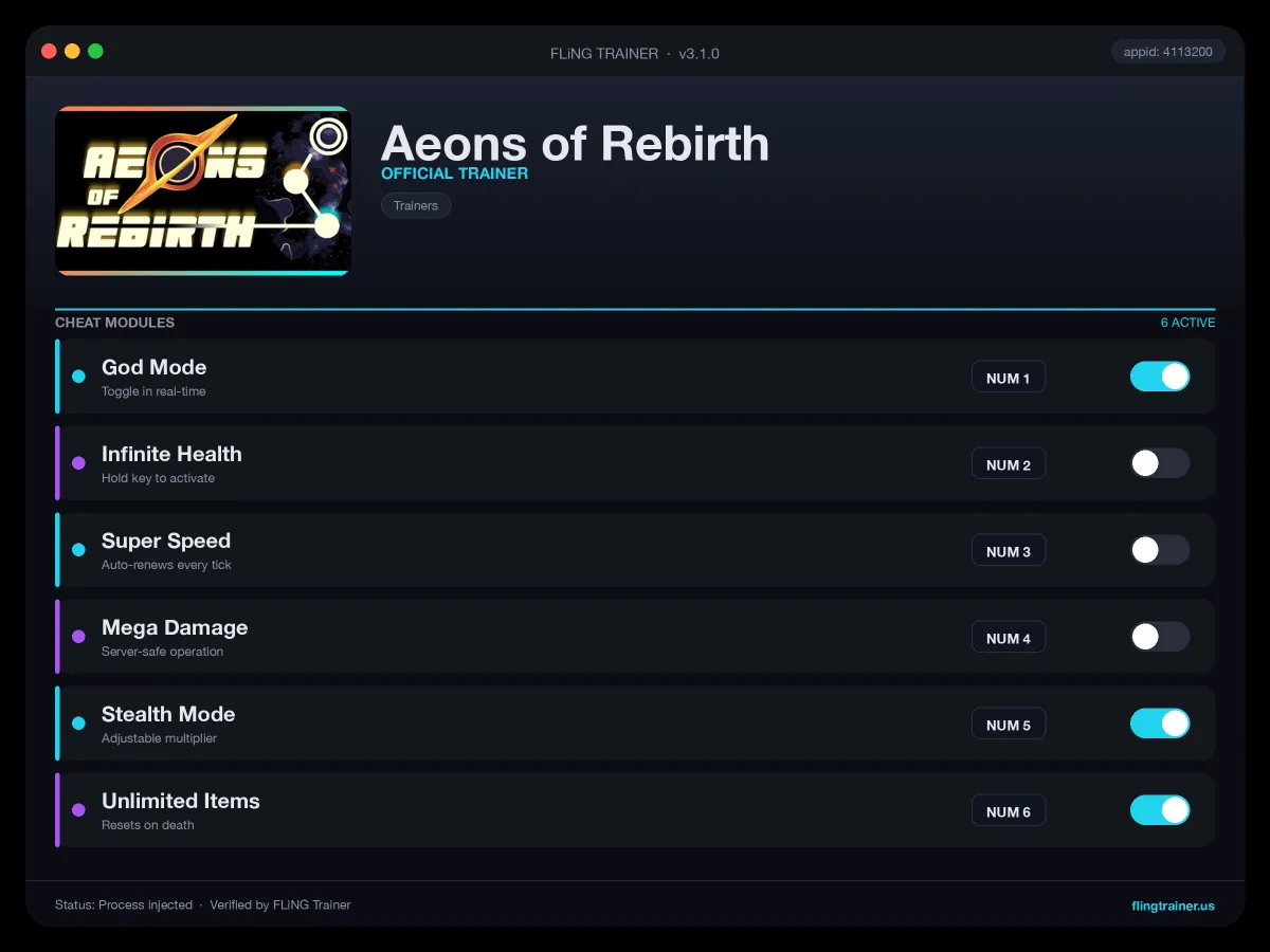 Aeons of Rebirth Trainer interface