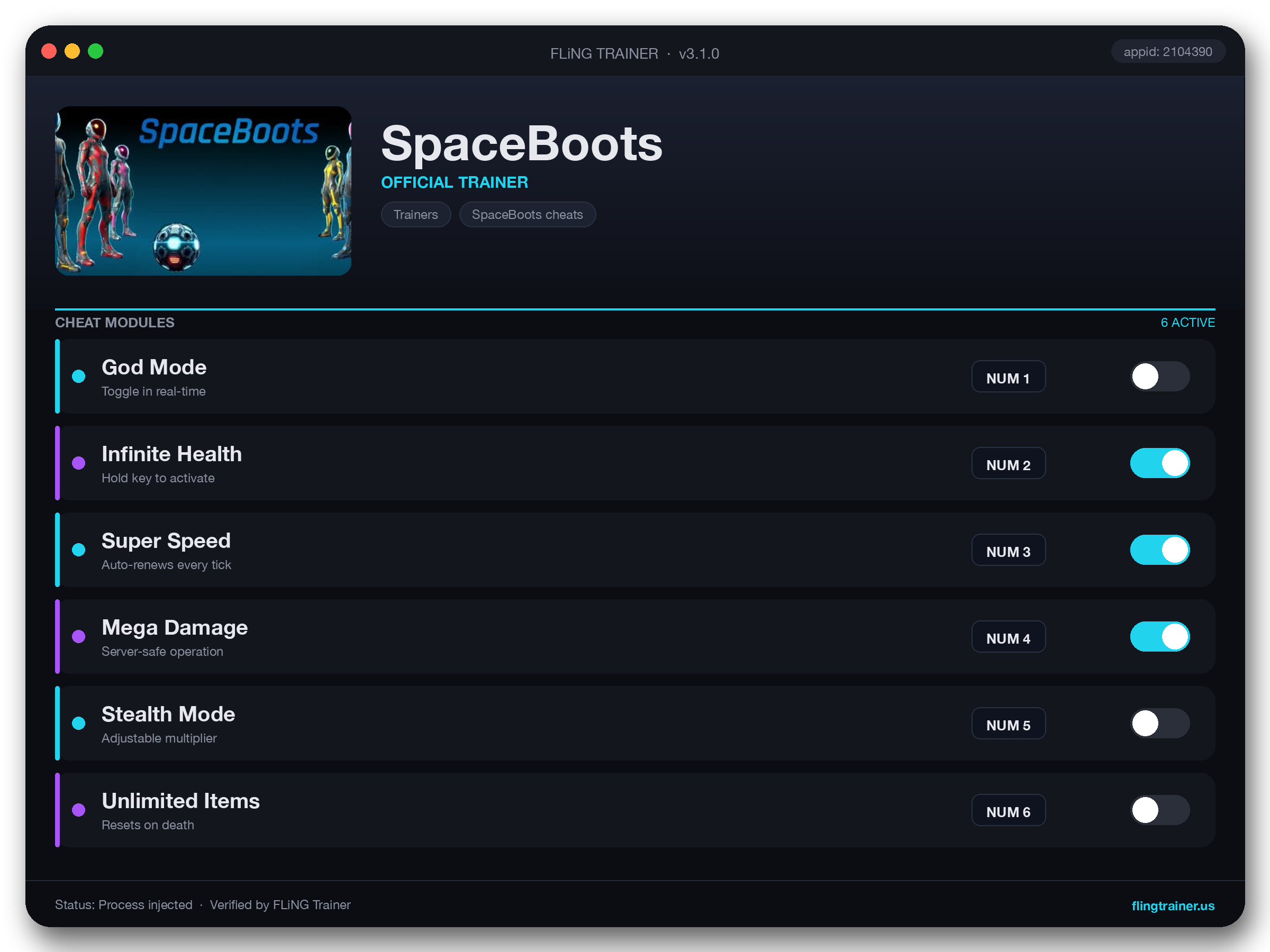 SpaceBoots Trainer interface