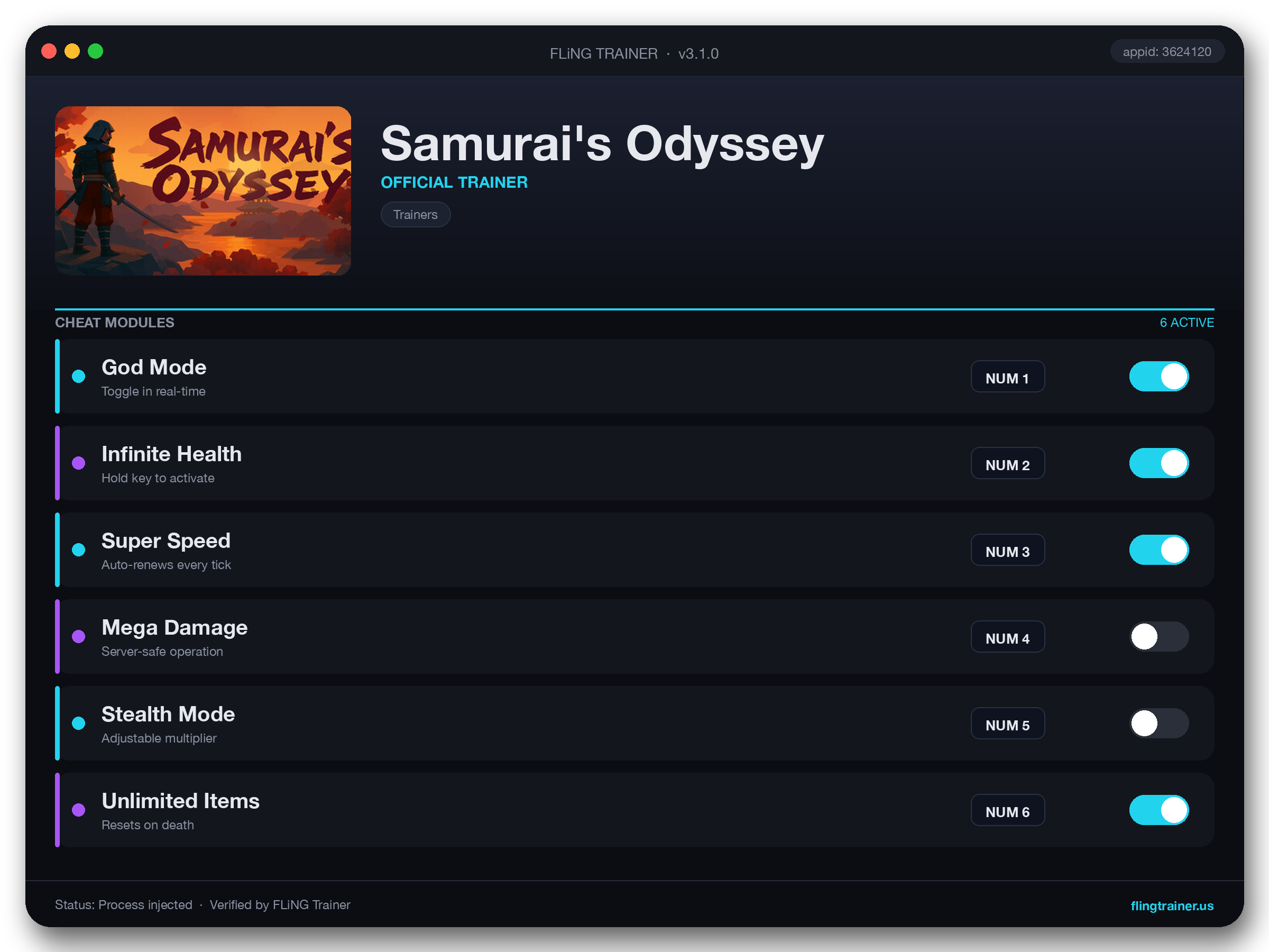 Samurai's Odyssey Trainer interface