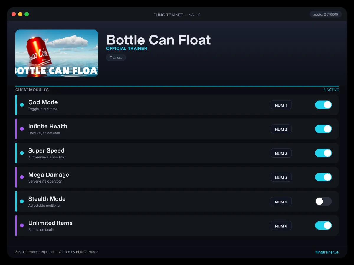 Bottle Can Float Trainer interface