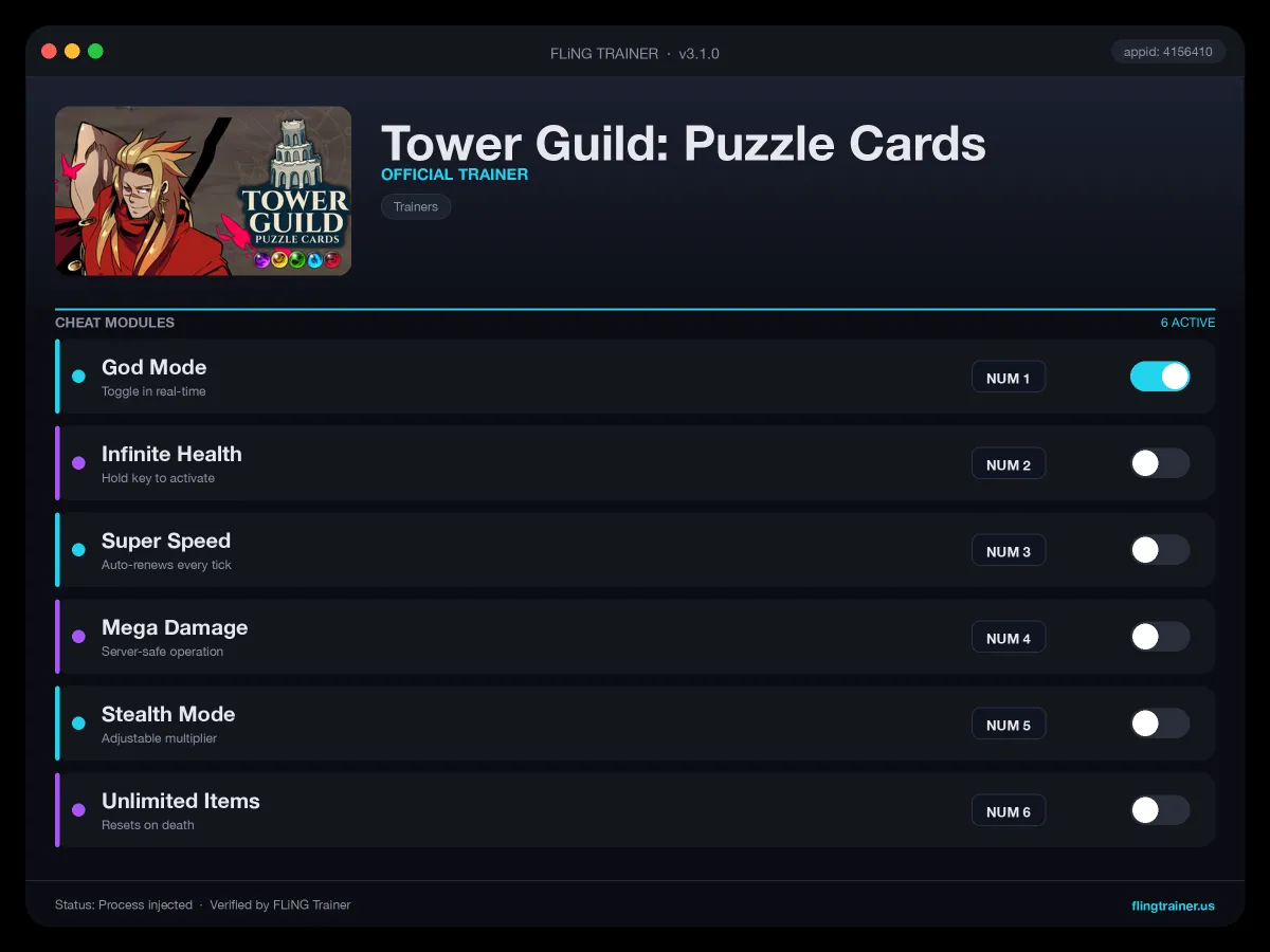 Tower Guild: Puzzle Cards Trainer interface