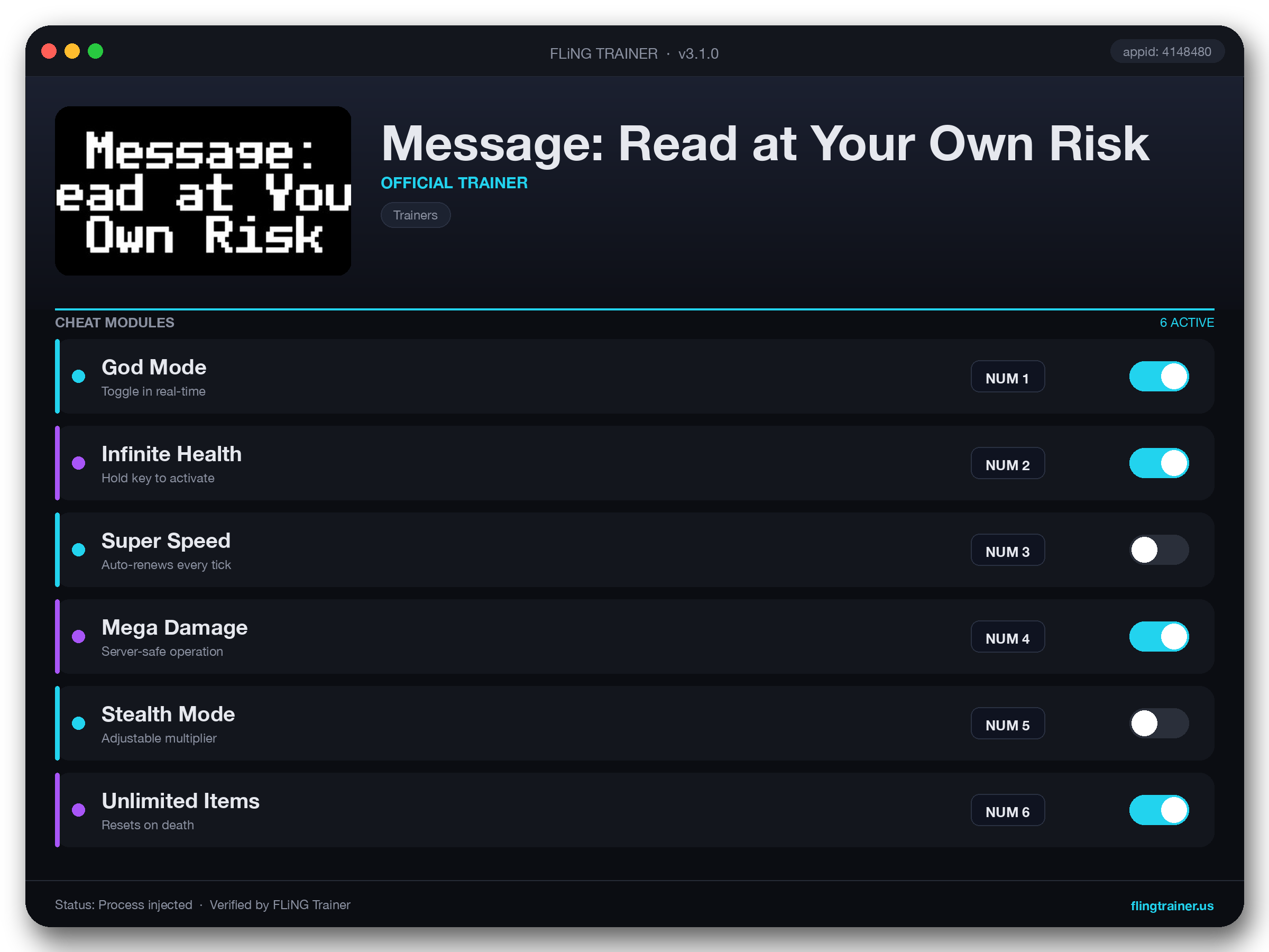 Message: Read at Your Own Risk Trainer interface