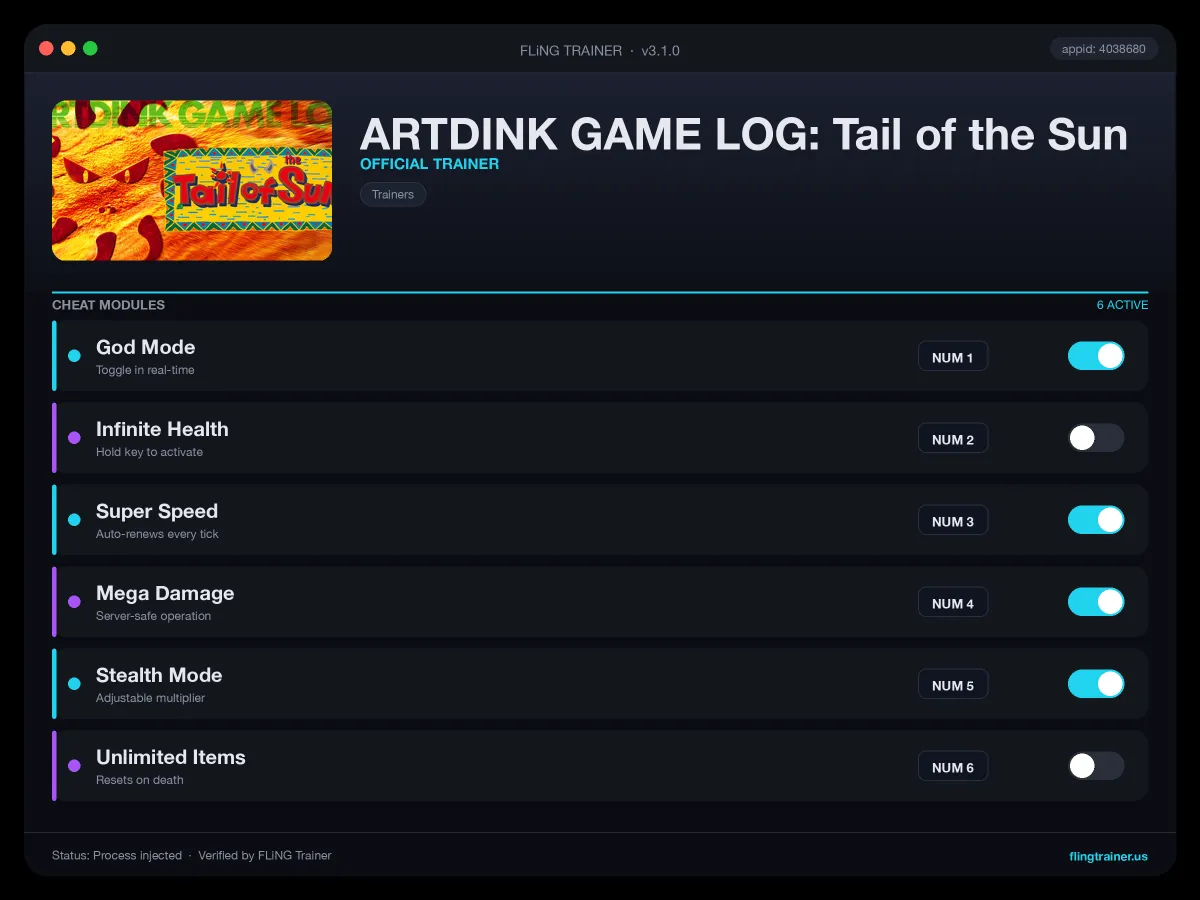 ARTDINK GAME LOG: Tail of the Sun Trainer interface
