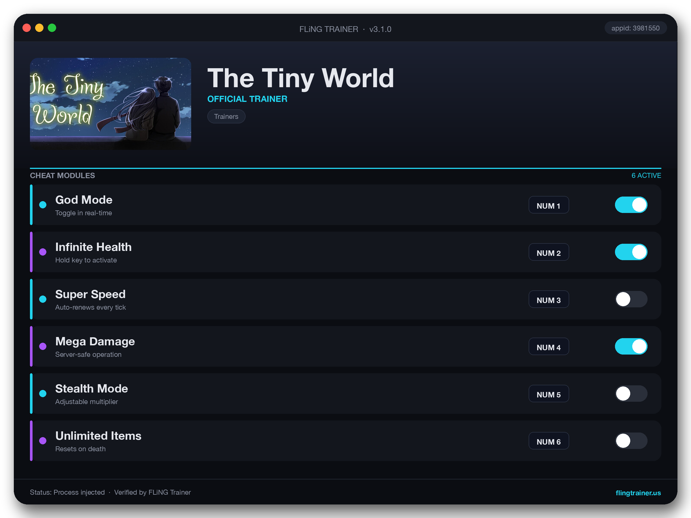 The Tiny World Trainer interface