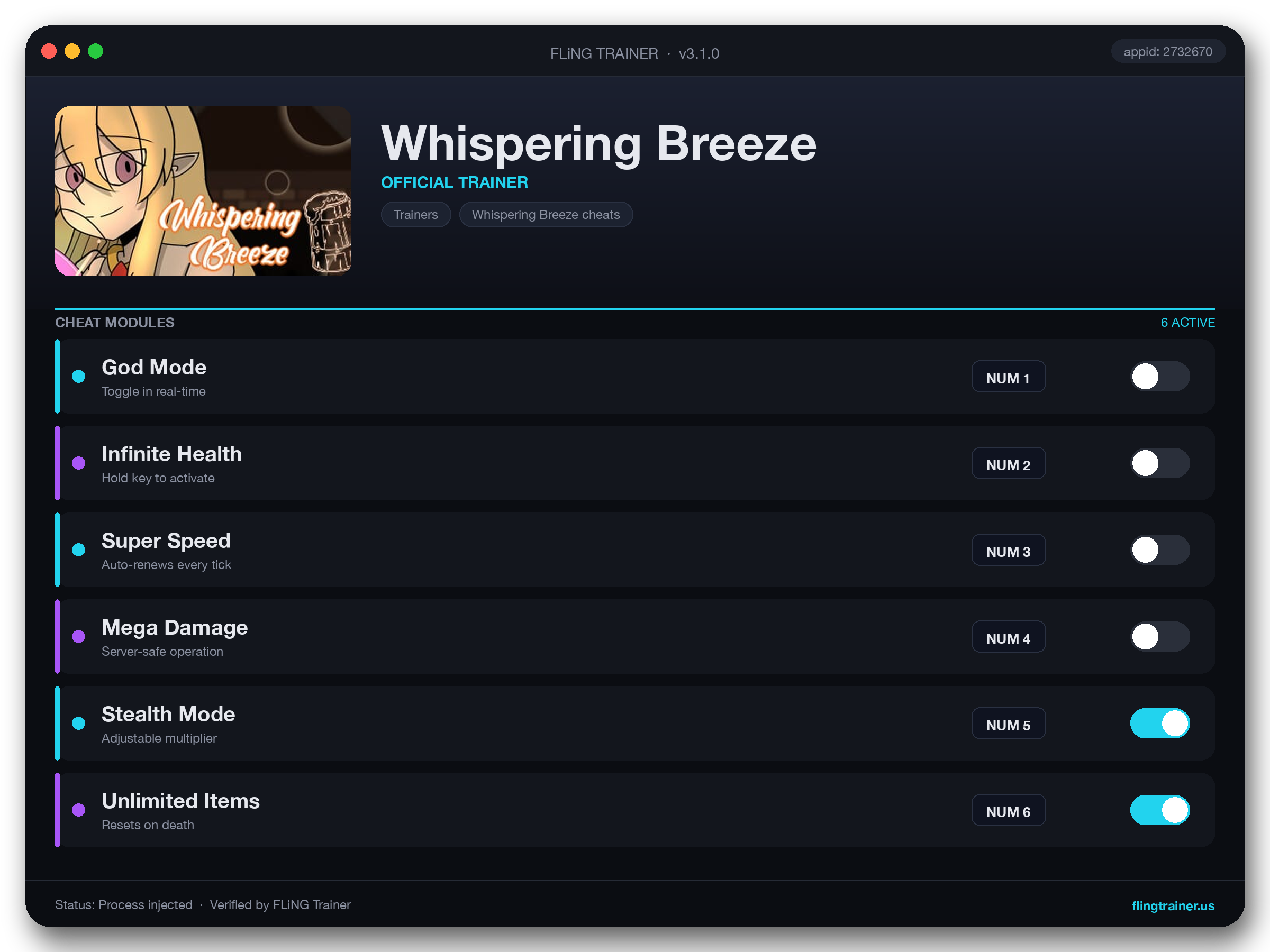 Whispering Breeze Trainer interface