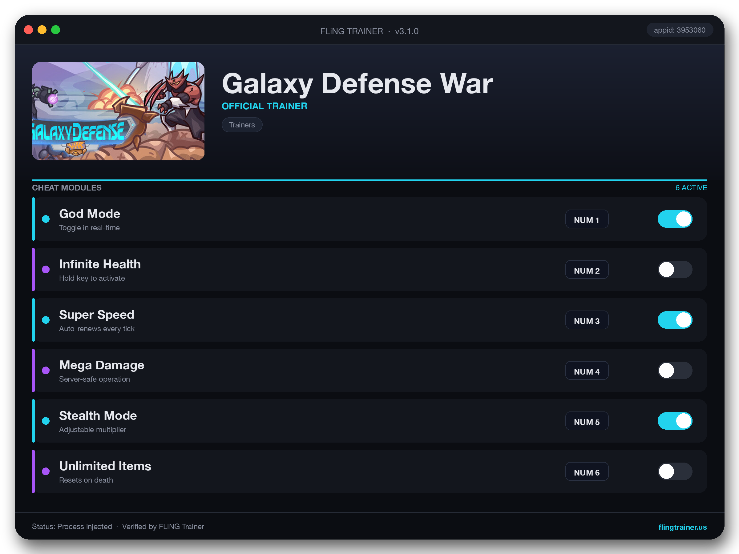 Galaxy Defense War Trainer interface