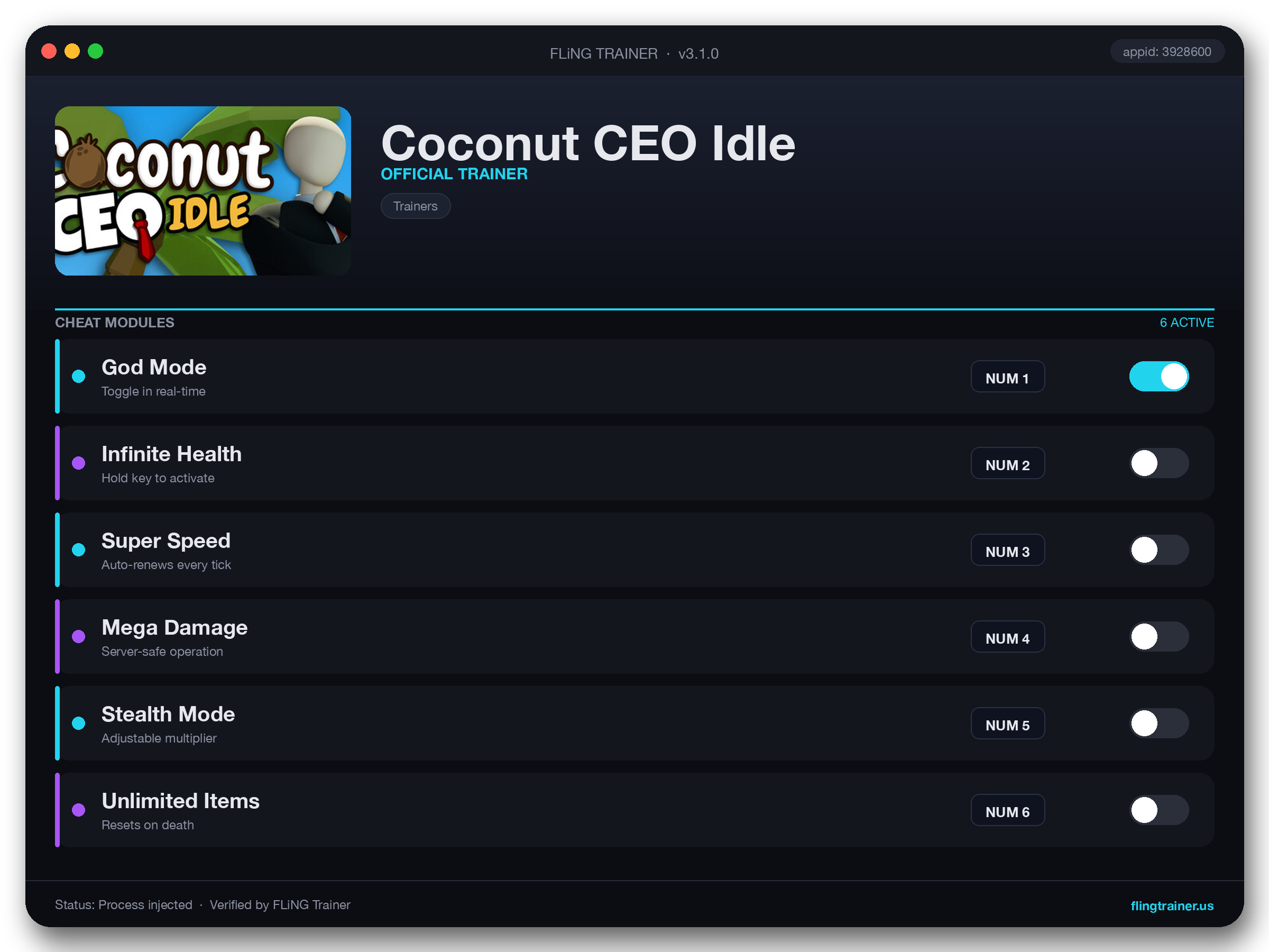 Coconut CEO Idle Trainer interface