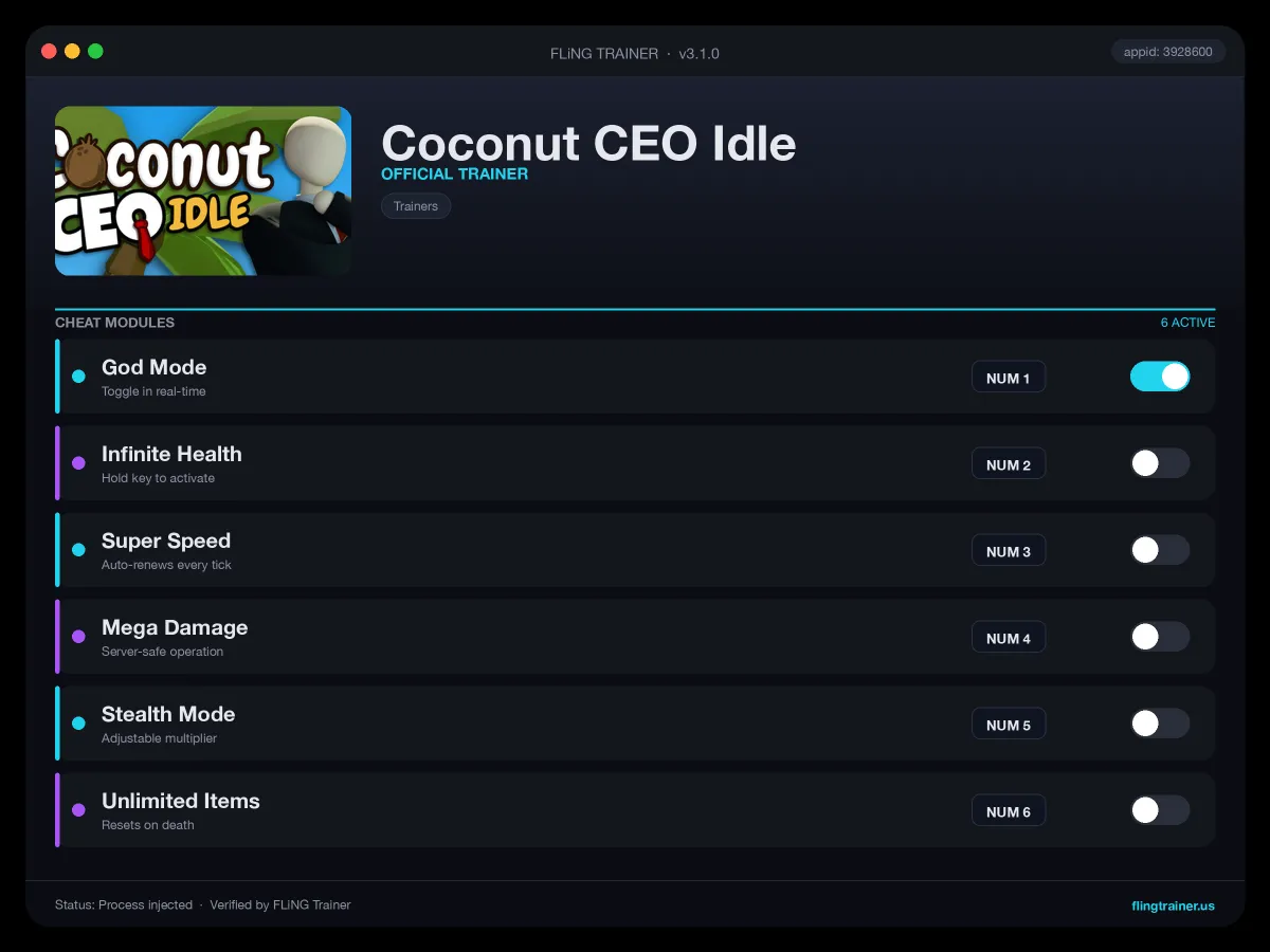 Coconut CEO Idle Trainer interface